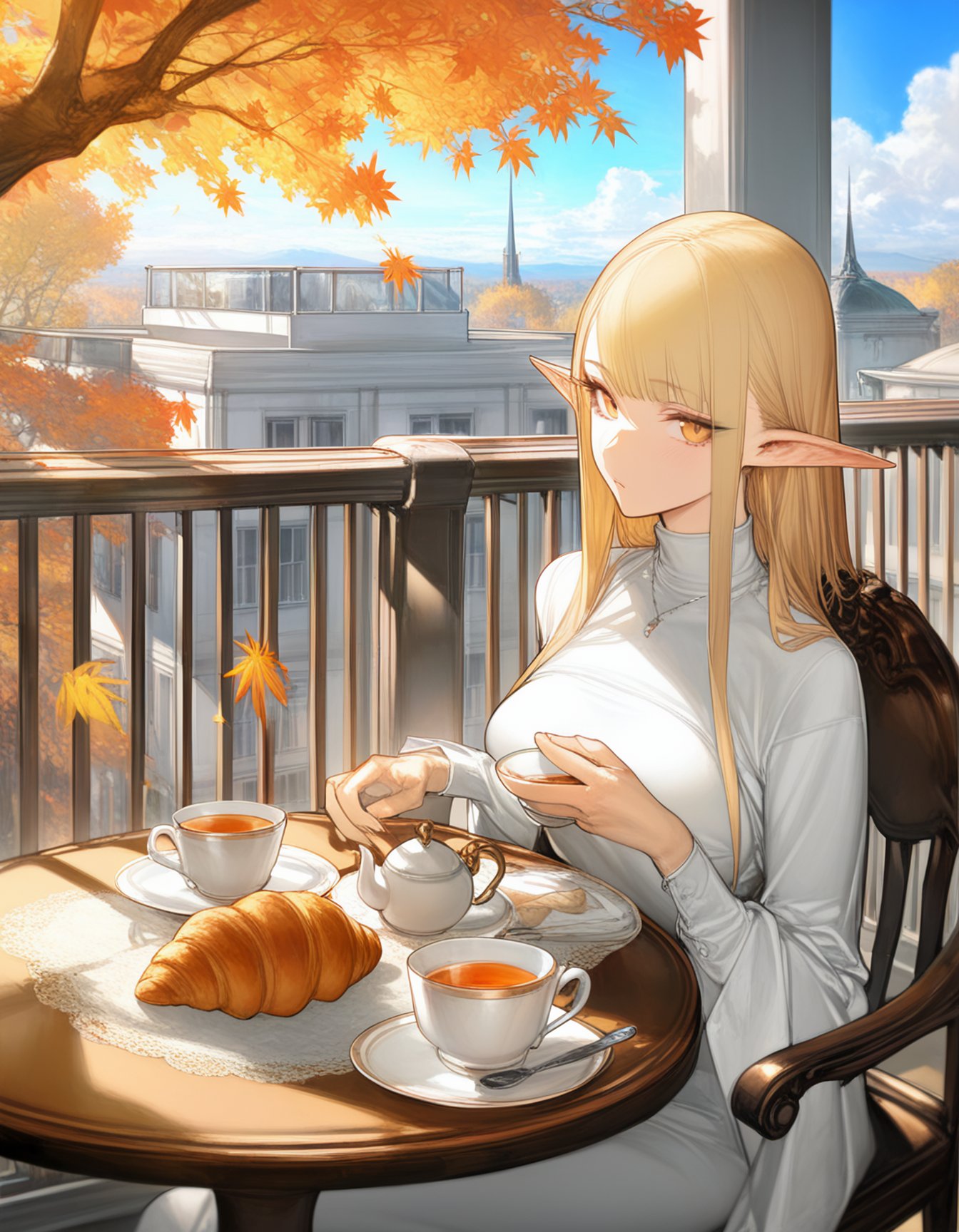 best quality, masterpiece, absurdres, fashion, by aoin, by murata_range, by au \(d_elete\), autumn, blonde elf, tea, croissant, table, balcony, light rays, day