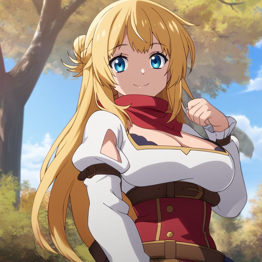 score_9, score_8_up, score_7_up, score_6_up, score_5_up, score_4_up, source_anime,ritto, rit_season_one,1girl, breasts, solo, blue eyes, blonde hair, outdoors, large breasts, long hair, mountain, smile, cleavage, looking at viewer, clothing cutout, day, sky, braid, red scarf, scarf, tree, upper body, nature, belt, brown belt, forest, long sleeves, cleavage cutout, blue sky, closed mouth, french braid, hair bun, pine tree, puffy sleeves, white sleeves,masterpiece, perfect face, best quality, beautiful girl, cute girl, beautiful eyes, shiny eyes, anime coloring, anime screencap, absurdres, award winning,<lora:ritto auti 901 1:0.8>