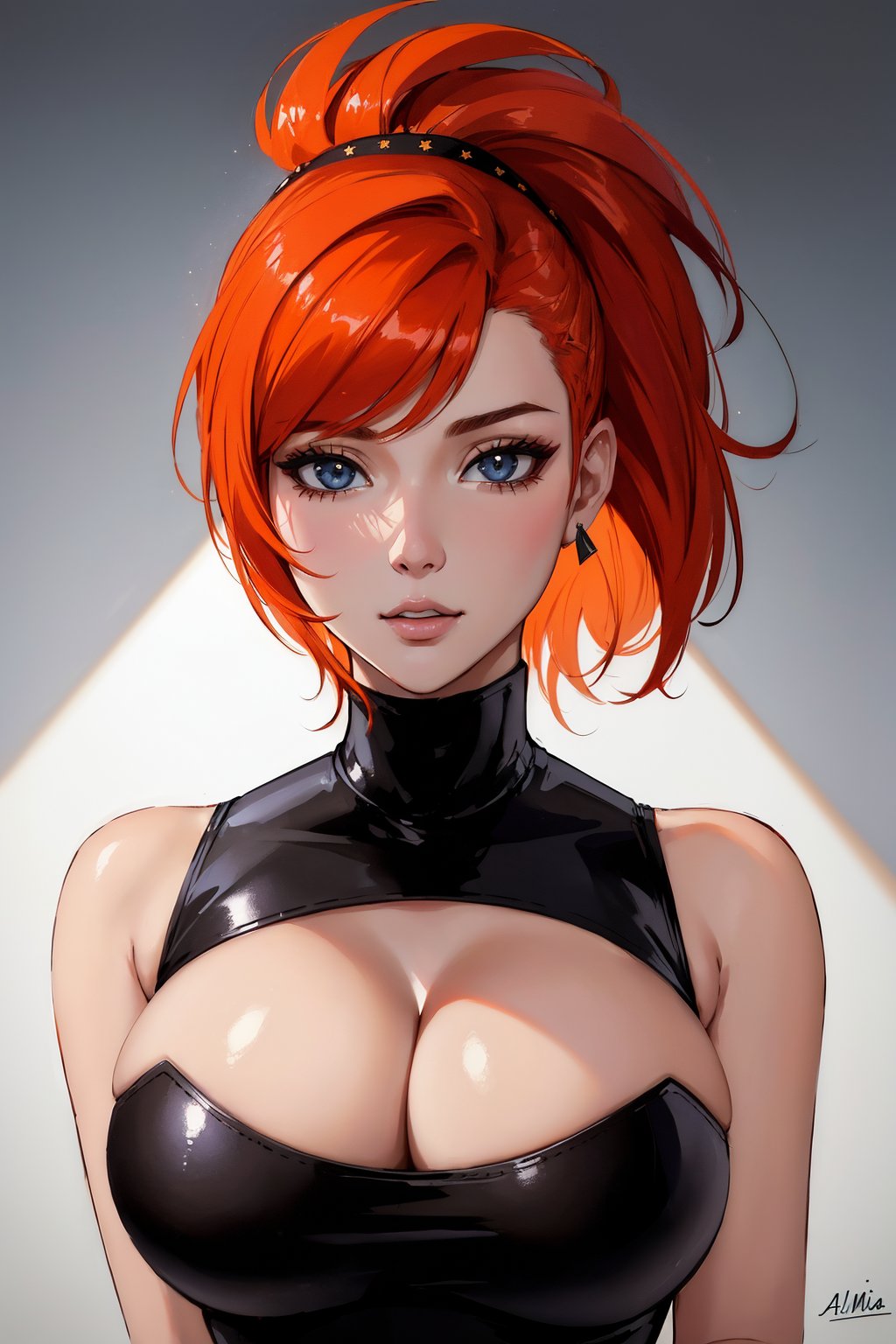 1girl, face, woman,  bmb-fc <lora:bimbo-fc-1.6a:1>, stunning intricate full color portrait, wearing a black turtleneck, epic character composition, by ilya kuvshinov, alessio albi, nina masic, sharp focus, natural lighting, subsurface scattering, f2, 35mm, film grain, portrait of woman by Flora Borsi, style by Flora Borsi, bold, bright colours, orange Mohawk haircut, ((Flora Borsi), large breasts, cleavage