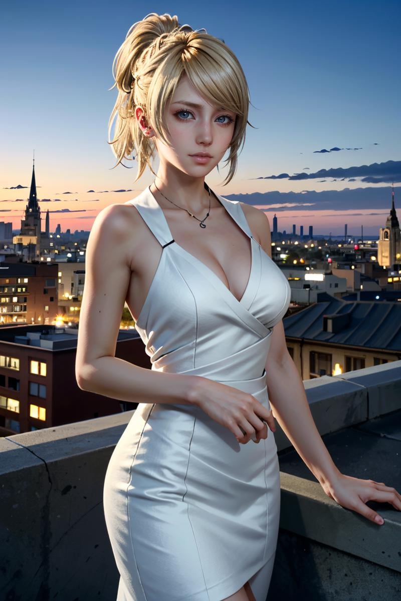 ((ultra detailed, masterpiece, absurdres)) <lora:FFLuna:0.8>FFLuna, 1girl, blonde hair, looking at viewer, overlooking the city from a rooftop bar at night, chic outfit, standing