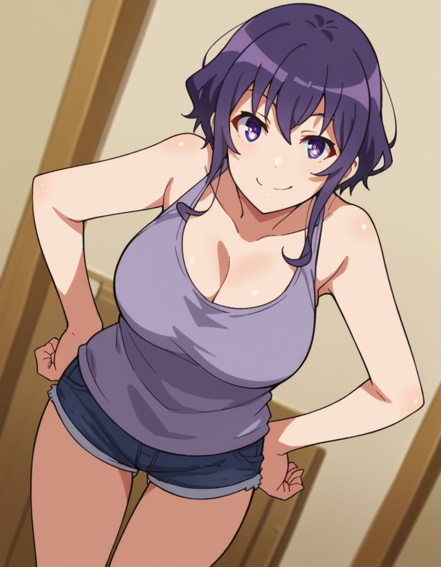 score_9, score_8_up, score_7_up, source_anime, <lora:michiru-hyoudou-s2-ponyxl-lora-nochekaiser:1>, michiru hyoudou, short hair, bangs, purple eyes, purple hair, large breasts,, shorts, short shorts, tank top, denim, denim shorts, cleavage, bare shoulders, collarbone,, indoors, smug, smile, looking at viewer, solo, hands on hips,, cowboy shot, dutch angle