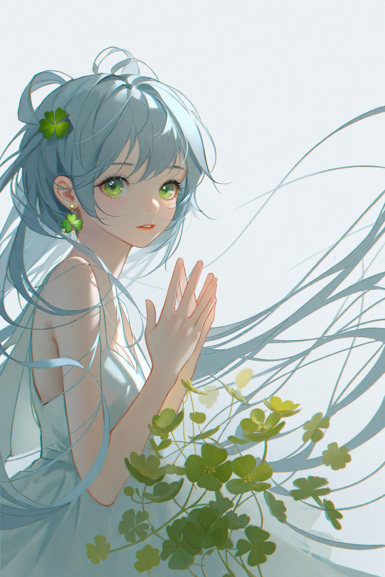 masterpiece,best quality,high quality,(colorful),[Artist sk (askzy)],[Artist wlop],Artist SHC,1girl,Luo Tianyi (Vocaloid),clover,solo,long hair,green eyes,four-leaf clover,dress,flower,own hands together,looking at viewer,water,hair ornament,parted lips,very long hair,bangs,earrings,white background,jewelry,bare shoulders,upper body,white dress,hair flower,ribbon,simple background,hands up,blush,