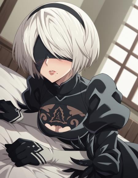 score_9, score_8_up, score_7_up, source_anime,2b, <lora:2b-s1-ponyxl-lora-nochekaiser:1>,2b, yorha no. 2 type b, short hair, white hair, hairband, mole, black hairband, mole under mouth, blindfold, covered eyes, black blindfold,gloves, long sleeves, dress, puffy sleeves, black dress, clothing cutout, cleavage cutout, juliet sleeves, feather-trimmed sleeves,indoors, bed, bed room, on side, blush, drunk,solo, dutch angle, looking at viewer, cowboy shot,