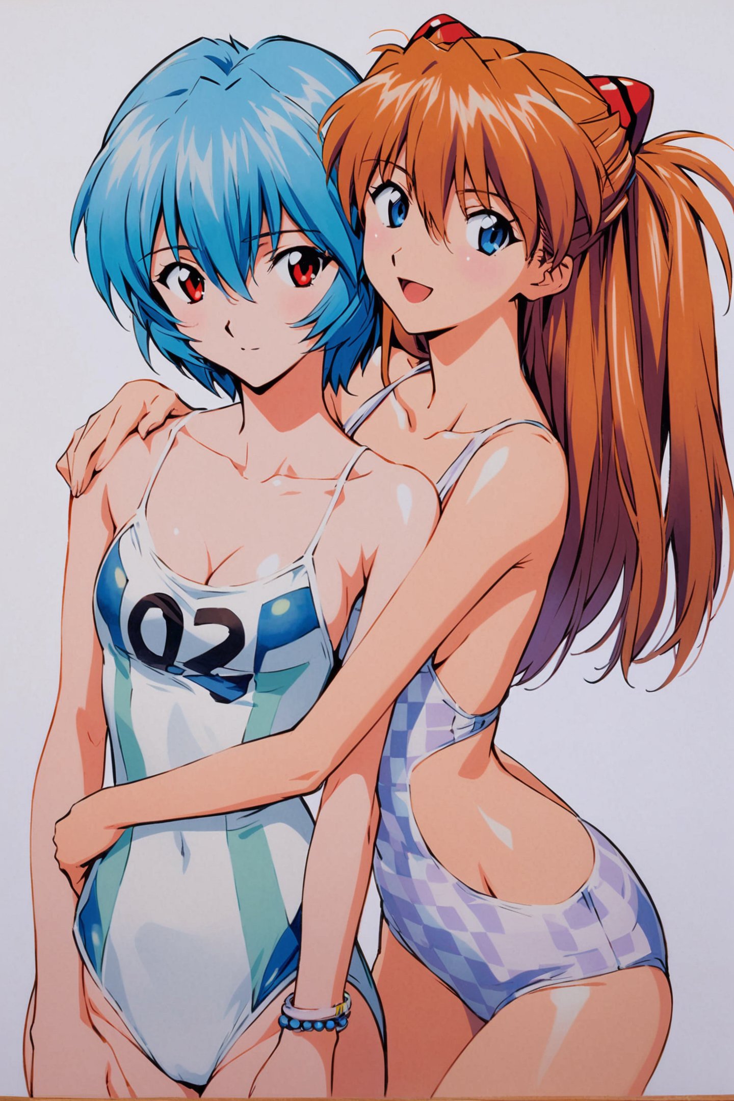 souryuu asuka langley,swimsuit,multiple girls,ayanami rei,2girls,blue eyes,blue hair,long hair,bangs,red eyes,short hair,jewelry,highleg swimsuit,breasts,highleg,smile,open mouth,looking at viewer,:d,one-piece swimsuit,two side up,bracelet,bikini,from side,plaid,orange hair,plaid bikini,gradient,hair between eyes,small breasts,gradient background,hair ornament,clothes writing,hug,holding,cowboy shot,leaning forward,white one-piece swimsuit,cleavage,fruit,looking back,standing,head tilt,parted bangs,blue background,beads,white bikini,collarbone,casual one-piece swimsuit,sideboob,checkered clothes,groin,hand on another's shoulder,traditional media,<lora:Sadamoto Yoshiyuki_XL_V3:0.8>,