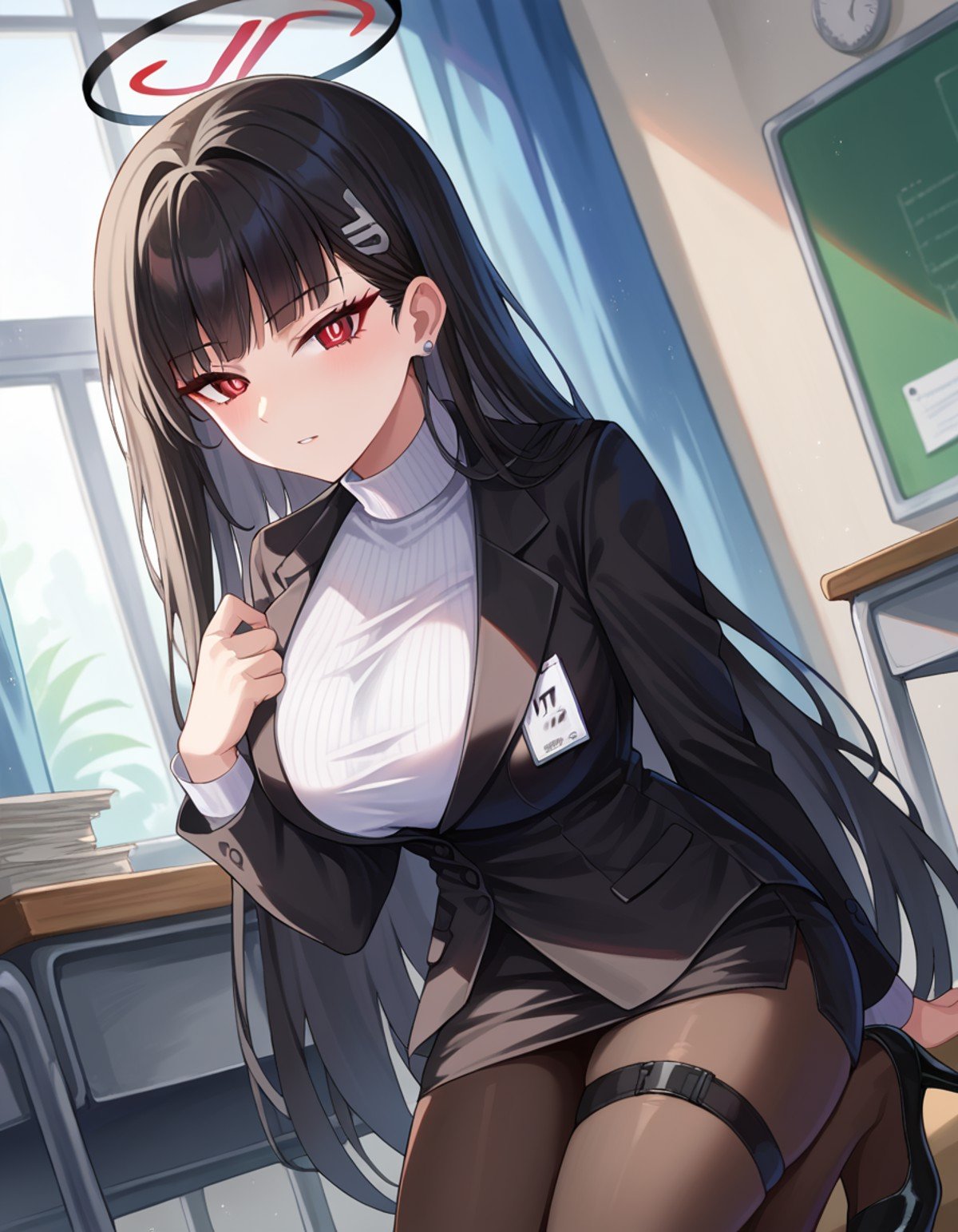 score_9, score_8_up, score_7_up, source_anime,riotsukatsuki, <lora:rio-tsukatsuki-ponyxl-lora-nochekaiser:1>,rio, black hair, red eyes, hair ornament, hairclip, halo, long hair,black footwear, black jacket, black pantyhose, black skirt, buttoned cuffs, high heels, jacket, long sleeves, office lady, pantyhose, ribbed sweater, skirt, sweater, thigh strap, turtleneck, turtleneck sweater, white sweater,indoors, classroom,looking at viewer, dutch angle, cowboy shot,