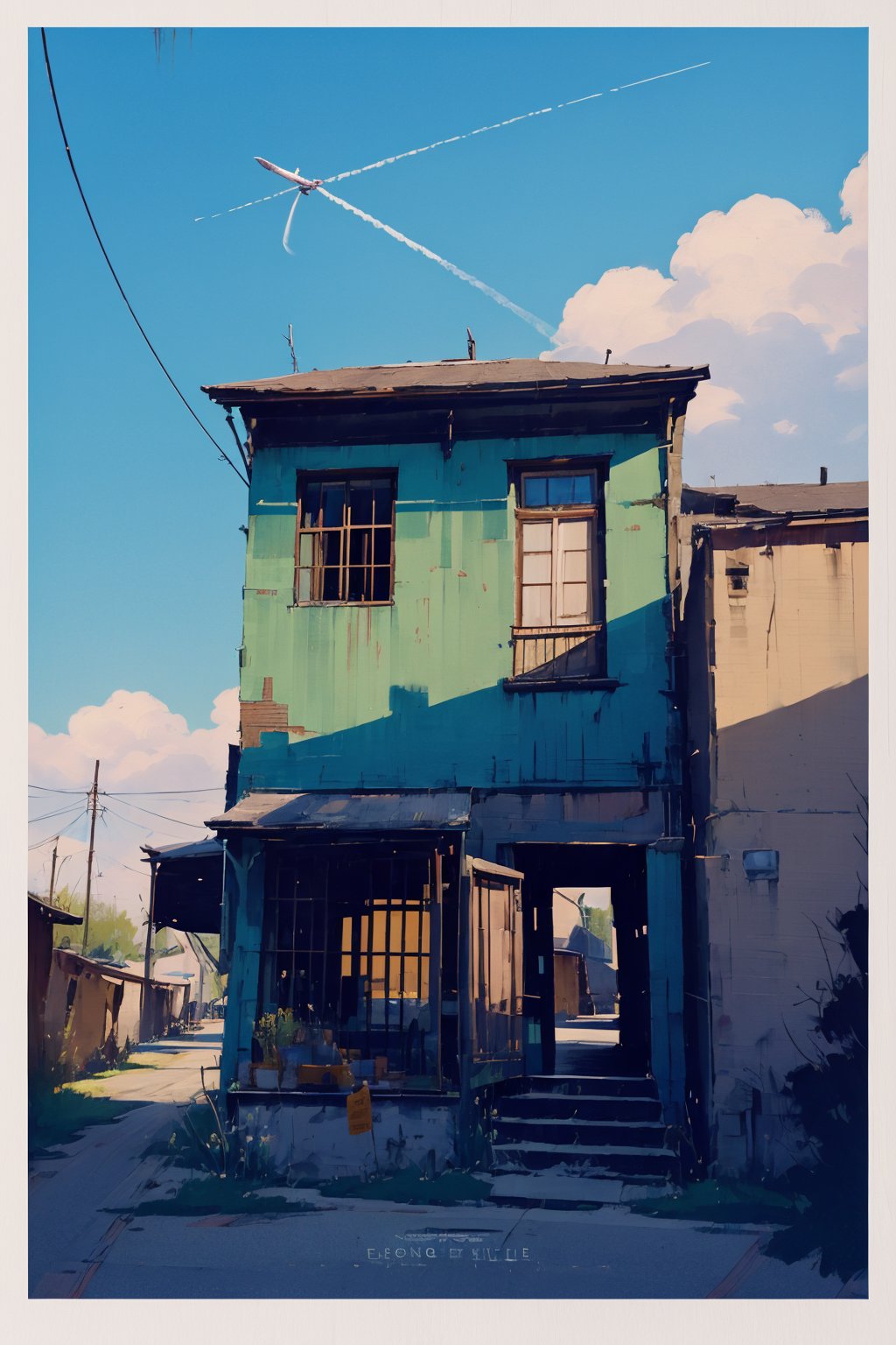 PP,outdoors,sky,clothesline,power lines,blue sky,no humans,scenery,border,laundry,day,english text,utility pole,building,white border,contrail, <lora:PP_20231011220007-000008:0.7>