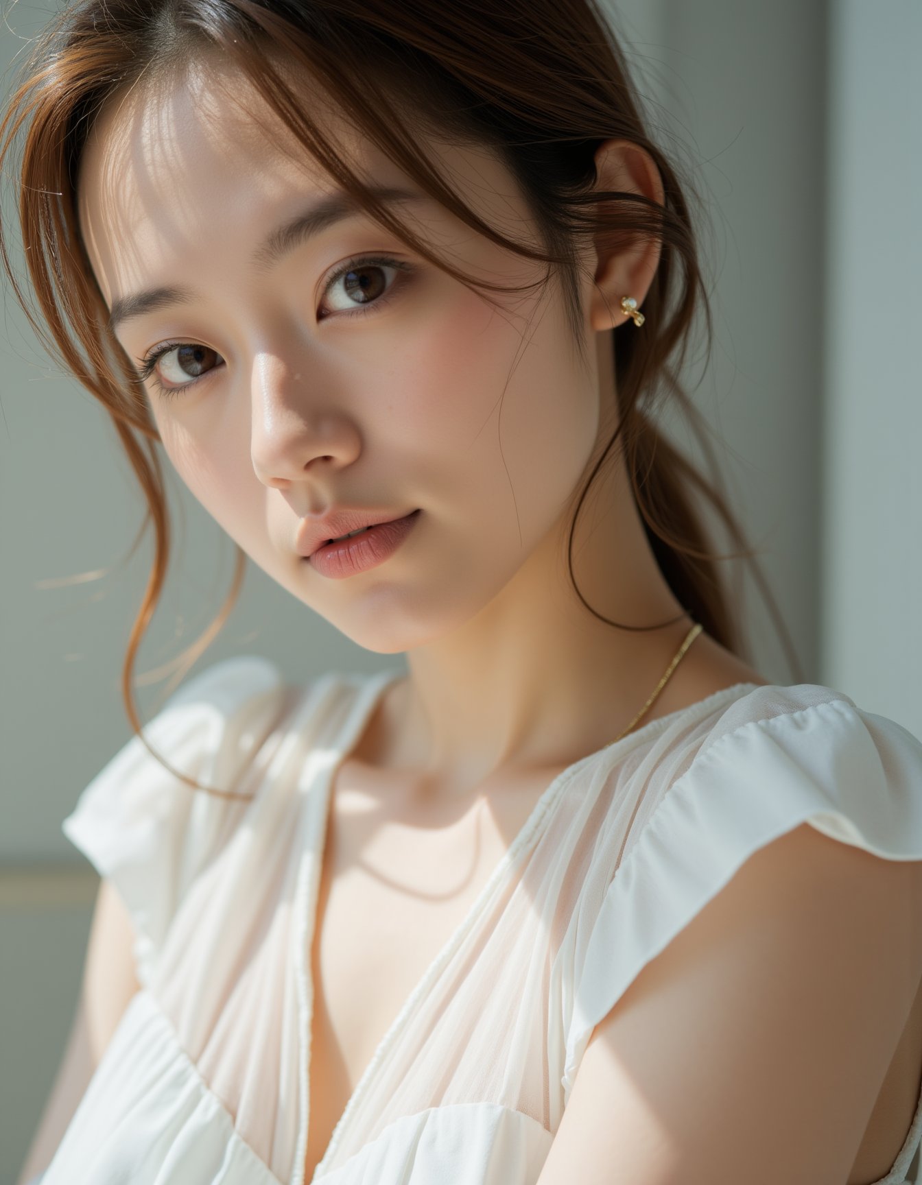 best quality, masterpiece, raw photo of a female in white dress, close up face, brown hair, fashion accessories, looking at viewer, indoor, day time, professional photo, high contrast exposure, soft bokeh, high key light, hard shadow, soft bokeh, simple background, white background,