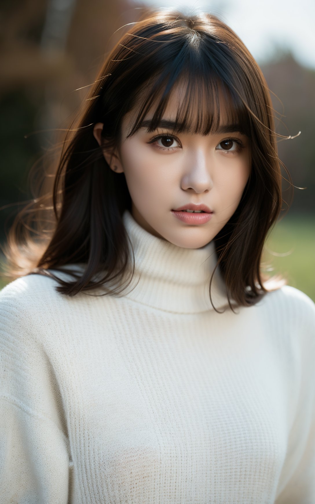 a woman with a white jacket and a white turtle neck sweater is posing for a picture with her hands on her hips,1girl,solo,looking at viewer,blurry background,brown hair,blurry,upper body,brown eyes,long hair,lips,realistic,closed mouth,smile,bangs,outdoors,jacket,white sweater,sweater,turtleneck,black hair,,