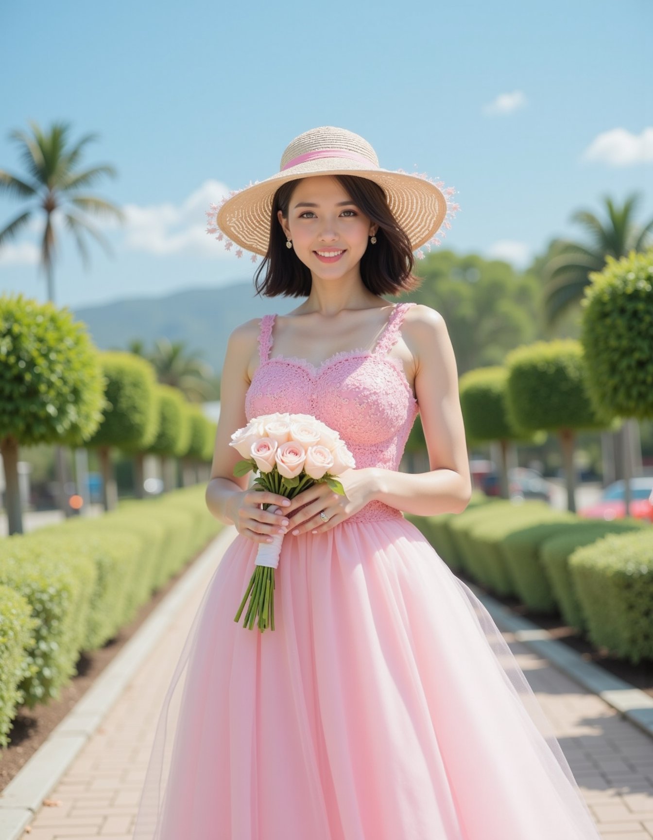 asian beauty, a woman in a pink dress and hat holding a bouquet of flowers, standing on a walkway surrounded by plants and trees with a clear blue sky in the background.  <lora:lora-asian-beauty-flux:1>