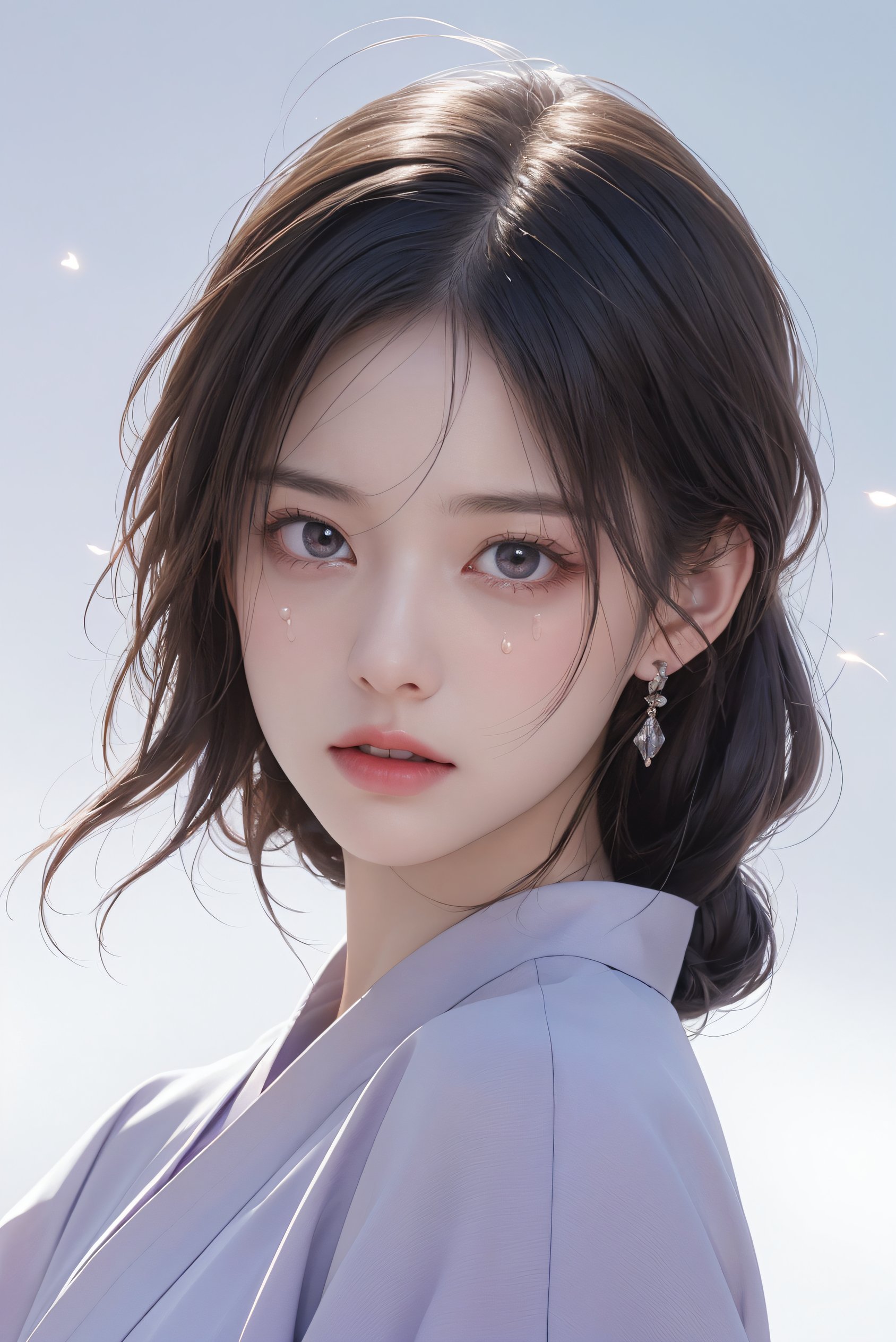 masterpiece,high quality,best quality),(colorful),(delicate eyes and face),volumatic light,ray tracing,extremely detailed CG unity 8k wallpaper,(ahoge:1.3),best quality,official art,(((light from the sky))),floating hair,light shines on hair,whultra-detailed,(((extremely detailed cg 8k wallpaper))),(crystalstexture skin:1.4),(extremely delicate and beautiful),(white skin),looking_at_viewer,kinghere fensejiaren,,realistic,crying,1girl,solo,raiden shogun,tears,japanese clothes,chibi,open mouth,white background,braid,long hair,sash,kimono,simple background,bangs,obi,hair ornament,wavy mouth,crying with eyes open,purple eyes,purple kimono,purple hair,sad, 