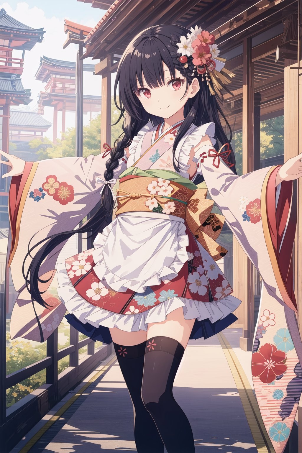 pixai,  intricate details, highres, best quality, HDR,dynamic pose,<lora:add_detail:0.1> ,<lora:outline:-0.1>,outdoor,smile,(Standing with one foot on tiptoe),(outstretched arms:1.2),BREAK,single braid hair,black  hair,red  eyes,(flat chest:1.1), <lora:cute_kimono_N_V1_1-000010:0.7>,frills, japanese clothes, hair flower,wide sleeves, kimono, white thighhighs, zettai ryouiki, floral print, skirt,detached sleeves, apron, 