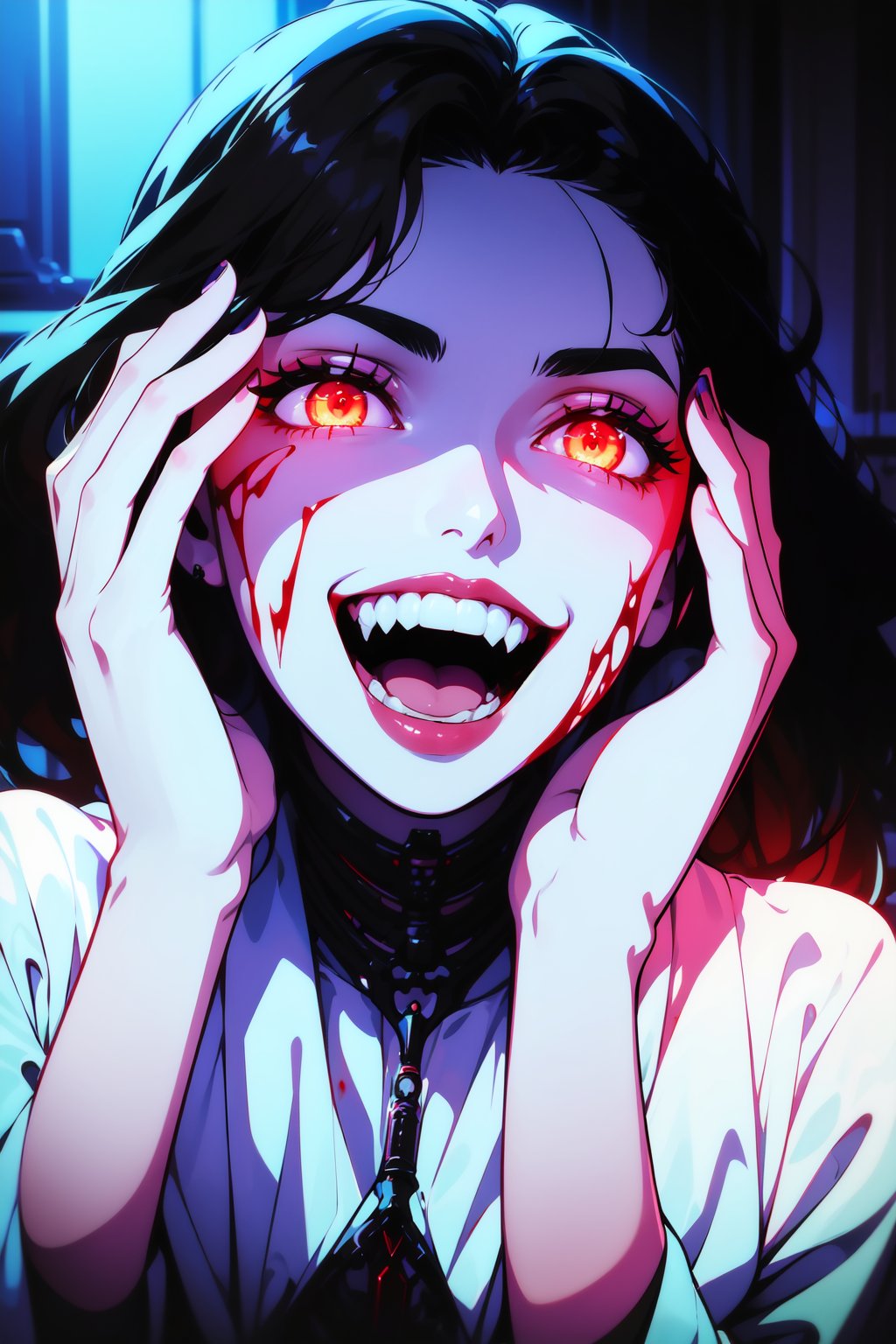 1girl, black hair, (bznoir), (high quality, masterpiece:1.2), close up, open mouth, teeth, fangs, blood, glowing, glowing eyes, (portrait), (crazy eyes, crazy smile), (hands on own face, hands on own cheeks), purple theme, dark atmosphere<lora:EMS-323506-EMS:1.300000>