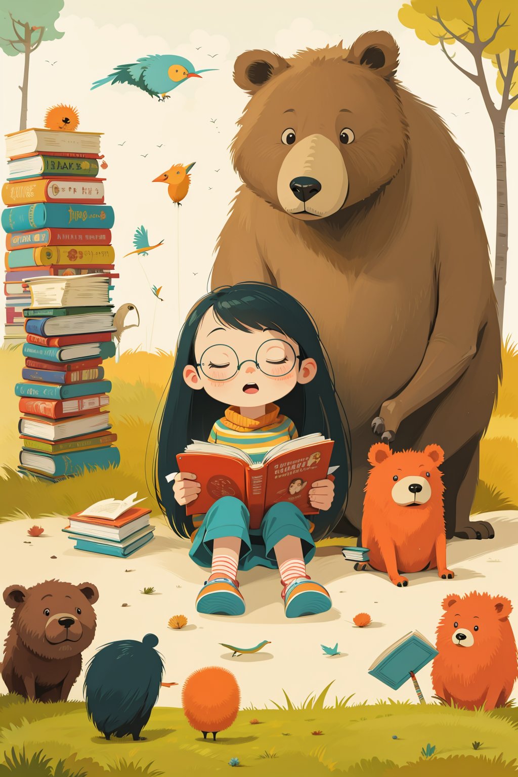 little girl reading a book,bear,