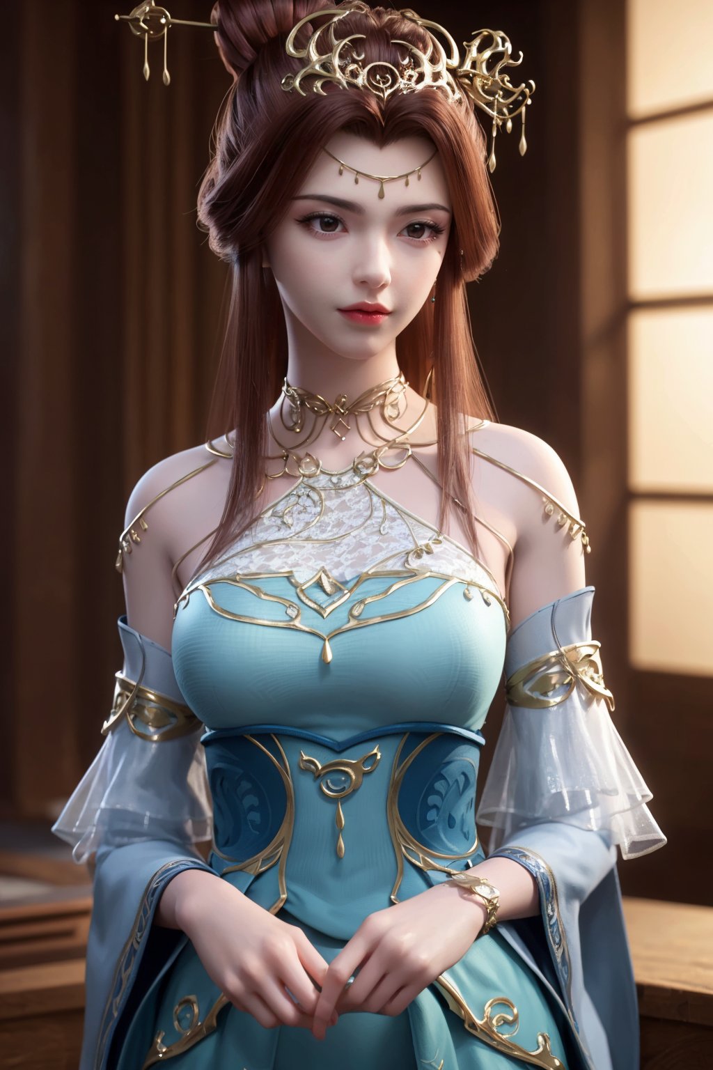 masterpiece,(best quality),official art,extremely detailed cg 8k wallpaper,(extremely delicate and beautiful),solo,realistic,photo_\(medium\),bunny pose,1girl,chinese clothes,gown,bare shoulders,metal collar,chain,solo,brown hair,long hair,gown,jewelry,bracelet,detached sleeves,hair ornament,see-through,<lora:lingyun_v2.1:0.7>,