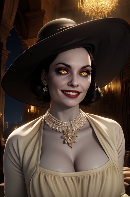 Alcina,yellow eyes,black hair,short hair,white dress with flower,hat,single earring,cleavage,necklace,black gloves,upper body,brooch,looking at viewer,smile,castle,indoors,night,(insanely detailed, beautiful detailed face, beautiful detailed eyes, masterpiece, best quality),solo,<lora:AlcinaDimitrescu-12:0.8>,