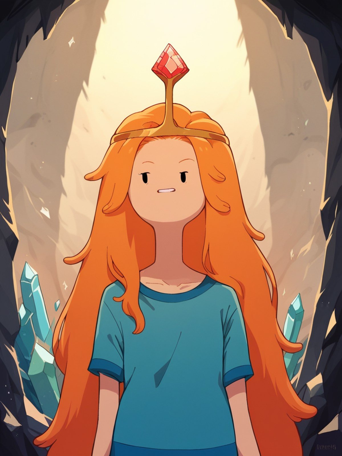 score_9, score_8_up, score_7_up, score_6_up, score_5_up, score_4_up, 4dv3ntur3t1m3,  adventure time, <lora:4dv3ntur3t1m3XLP:1> 1girl, orange hair, portrait, long hair, crystals, cave,