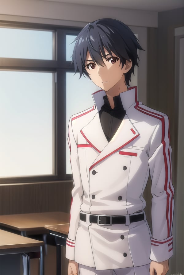 ichikaorimura, <lora:ichika orimura s2-lora-nochekaiser:1>,ichika orimura, black hair, male focus, (brown eyes:1.3), mature male,BREAK school uniform, belt, pants, uniform, military, military uniform,BREAK indoors, classroom,BREAK looking at viewer, (cowboy shot:1.5),BREAK <lyco:GoodHands-beta2:1>, (masterpiece:1.2), best quality, high resolution, unity 8k wallpaper, (illustration:0.8), (beautiful detailed eyes:1.6), extremely detailed face, perfect lighting, extremely detailed CG, (perfect hands, perfect anatomy),