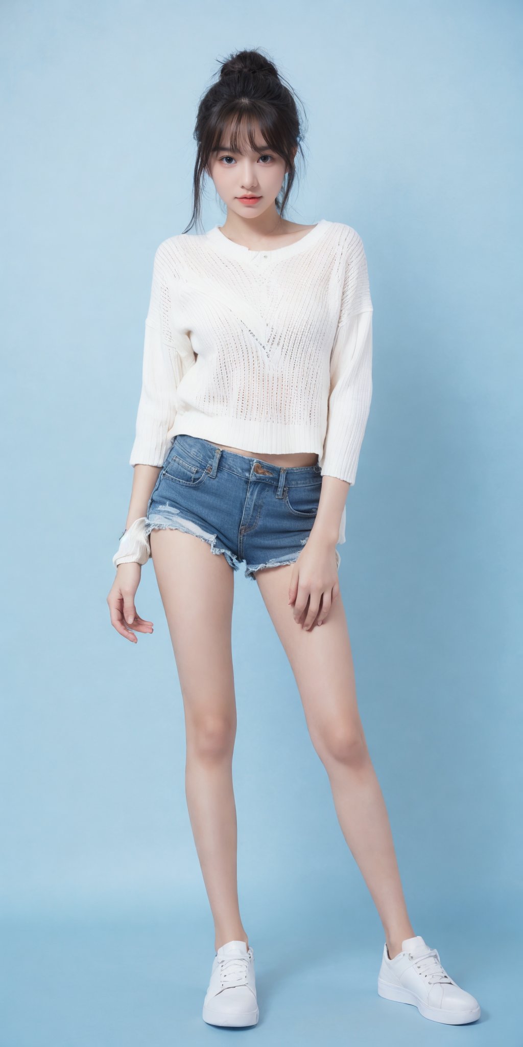 1girl,(standing:1.3),(denim_shorts:1.2),(blue background:1.3),(white sweater:1.2),white sneaker,long hair,