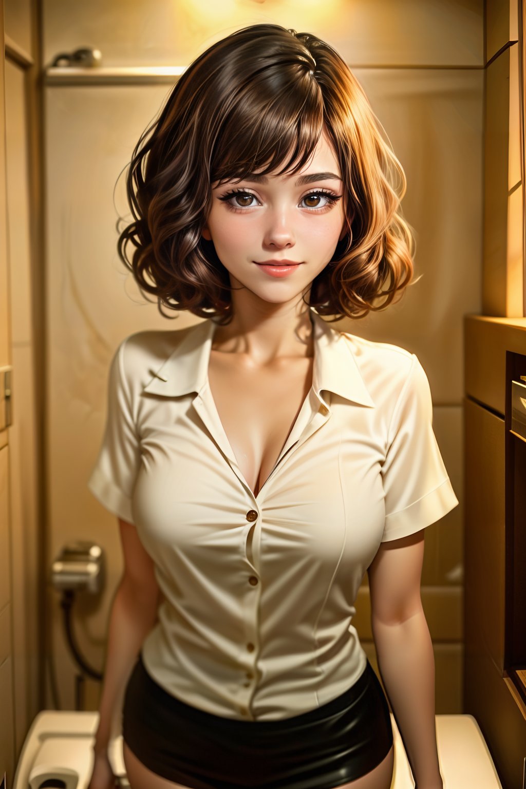 (masterpiece), (realistic), (photorealistic:1.2), (raw photo:1.2), (best quality:1.2), (detailed face:1.4) (beautiful and detailed eyes:1.2), (detailed hair), light on face, large file size, photo lighting, 1 girl, eyeliner, kawaii, student, (short hair, brown hair, wavy hair:1.3) ((expressionless eyes)), blue eyes, (medium breast volume:1.3), pink lips, ((secretary suit, open white blouse and a very short black skirt)), looking at the viewer, depth of field, (figure fecal position:1.5), ((in a bathroom)) ((open smile))<lora:mary-elizabelth-05:0.8><lora:lcm-lora-sdv1-5:1>, masterpiece, best quality, highres,  <lora:more_details:0.5> <lora:SDXLrender_v2.0:1>