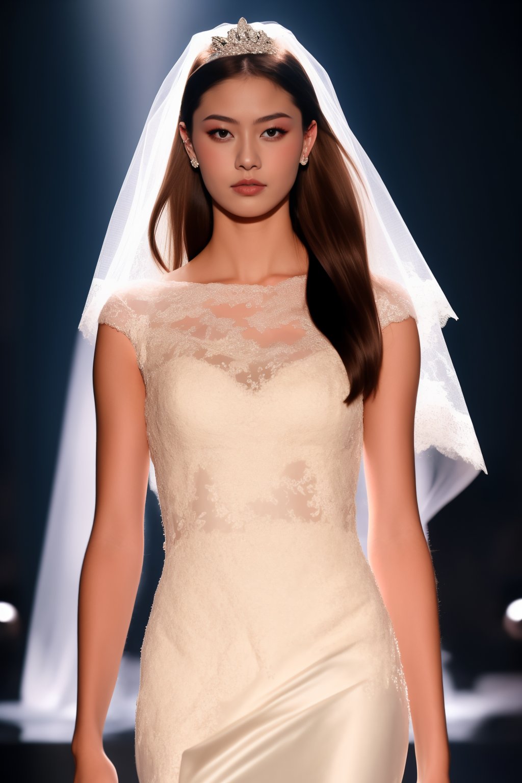 1girl,wedding dress,long hair,looking at viewer,brown hair,dress,brown eyes,standing,nail polish,fingernails,see-through,black nails,realistic,simple background,stage lighting,bridal veil,<lora:lbc_wedding_dress_v1.0-000004:0.6>,best quality,masterpiece,8k,