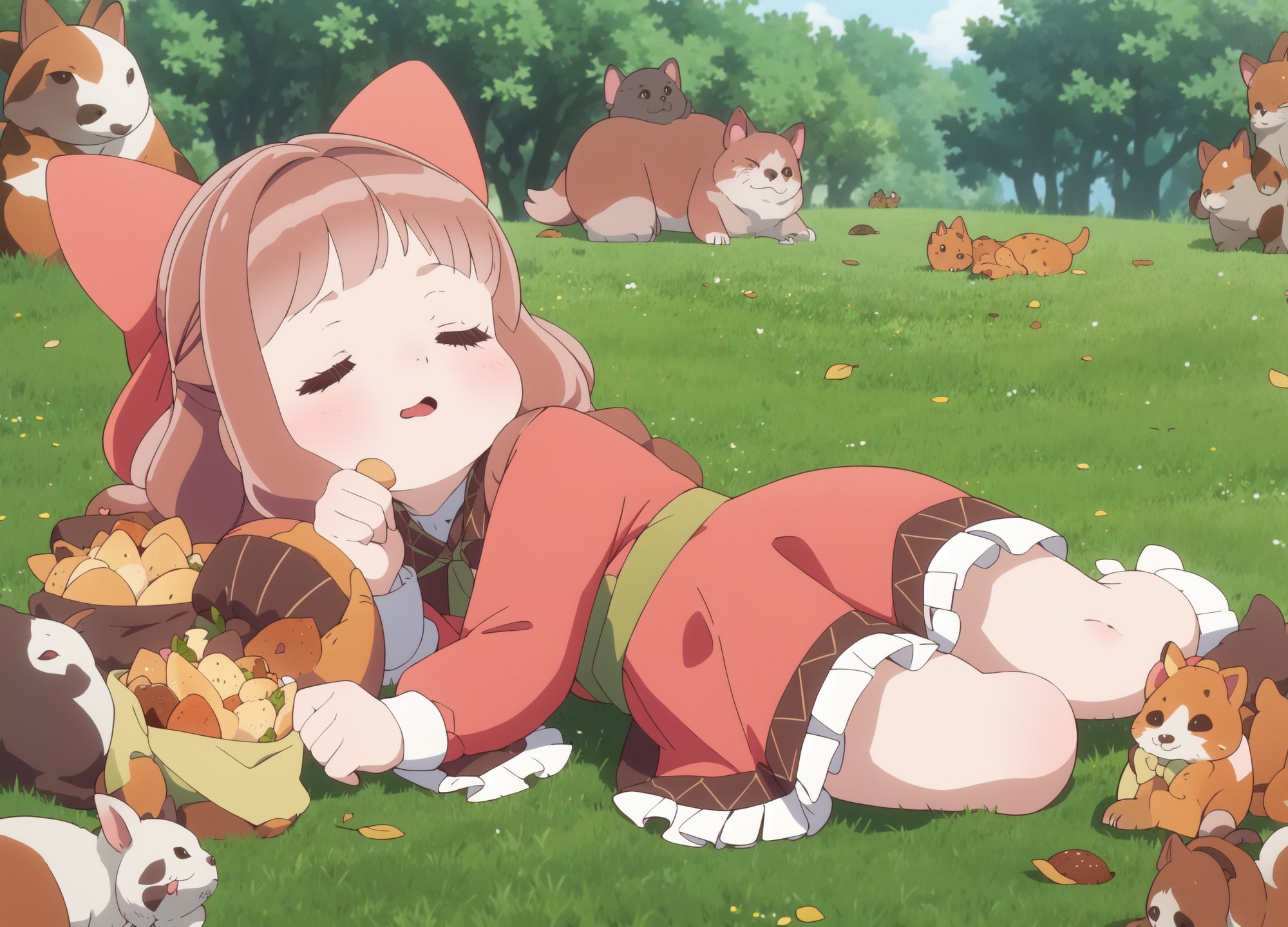 masterpiece, best quality,highres, <lora:nefertima_osfe:0.8>, high angle , solo,frills, dress, (bow, hair bow:1.1), lying,  simle,  sleeping, (lots of foods:1.5), (lots of animals:1.6), forest, sun, leaf, wind，