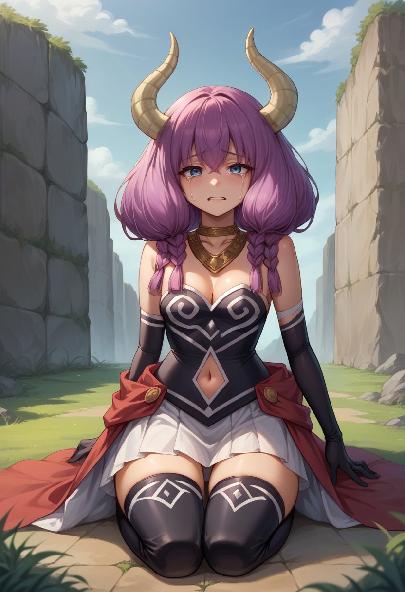 score_9, score_8_up, source_anime, 1girl, solo, AuraFrieren, purple hair, blue eyes, horns, long hair, twin braids, necklace, strapless shirt, black shirt, navel cutout, white skirt, red waist cape, elbow gloves, black gloves, thigh boots, outdoors, kneeling, seiza, crying, <lora:ChamAuraPonyXL:1>