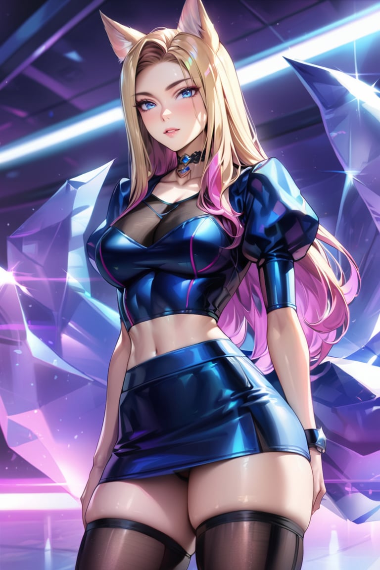 (Masterpiece), mature, HDR,UHD,8K, best quality, Highly detailed, physically-based rendering, extreme detail description, perfect skin, shiny skin, shiny hair,perfect face, 1girl, baddest, blonde hair, blue eyes, pink hair, crop top, high thighighs, multicolored hair, mini skirt, facial mark, animal ears, tail, choker,Ahri, black top, K/DA Ahri, long sleevs, black skirt ,LeagueOfLegendsAhri, long hair, puffy sleeves, crystal, black thighighs, juliet sleeves, whisker markings,ahri, stockings, high stocking<lora:EMS-388761-EMS:0.100000>, <lora:EMS-418655-EMS:0.800000>, <lora:EMS-335737-EMS:0.600000>