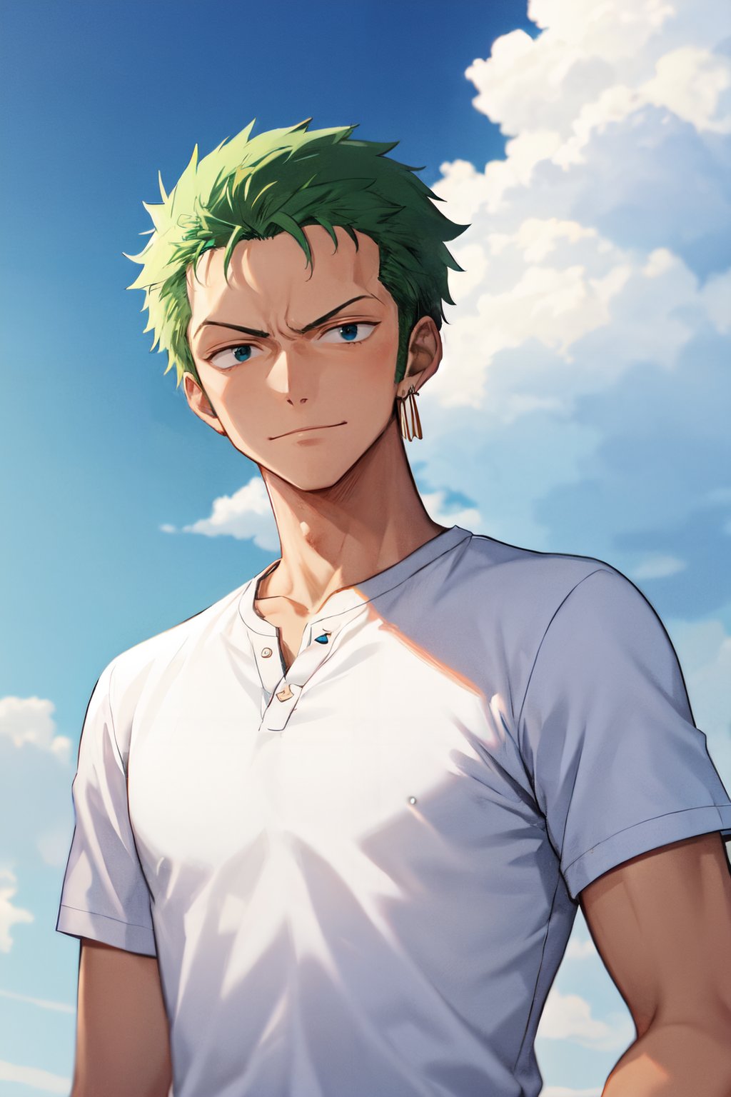 pretime zoro, male focus, 1boy, solo, earrings, jewelry, sky, upper body, shirt, white shirt, cloud, day, frown,smile<lora:zoro_v2_off:0.8> 