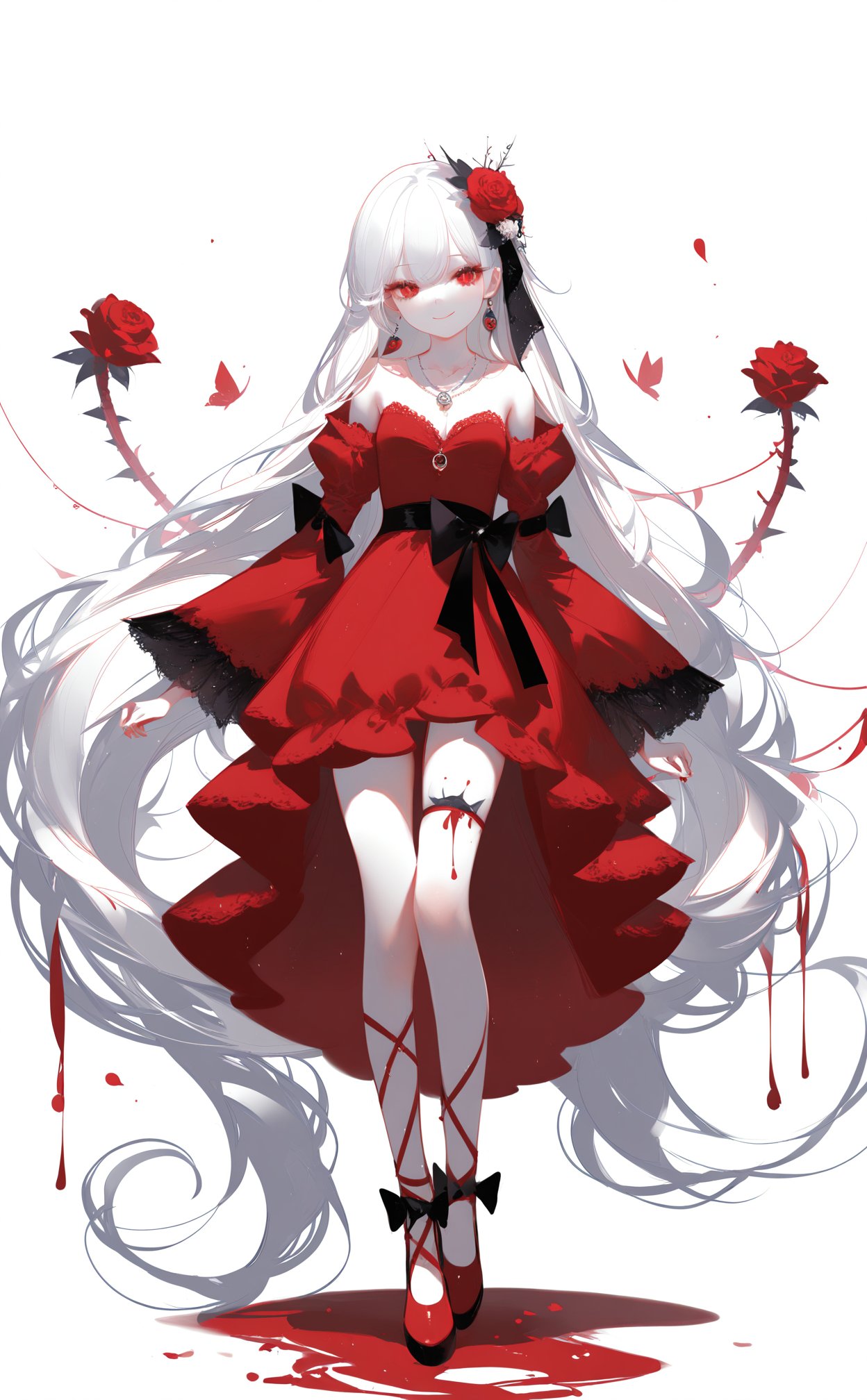 masterpiece,best quality,high quality,(colorful),[Artist miwano rag],[Artist chen bin],[Artist wlop],Artist Sheya,loli,1girl,red eyes,solo,flower,long hair,dress,red dress,red flower,white background,very long hair,hair ornament,full body,red footwear,rose,blood,white hair,skull,hair flower,red rose,bare shoulders,jewelry,smile,simple background,breasts,looking at viewer,pale skin,standing,thorns,long sleeves,earrings,detached sleeves,wide sleeves,low-tied long hair,wings,leg ribbon,off shoulder,bow,closed mouth,necklace,absurdly long hair,