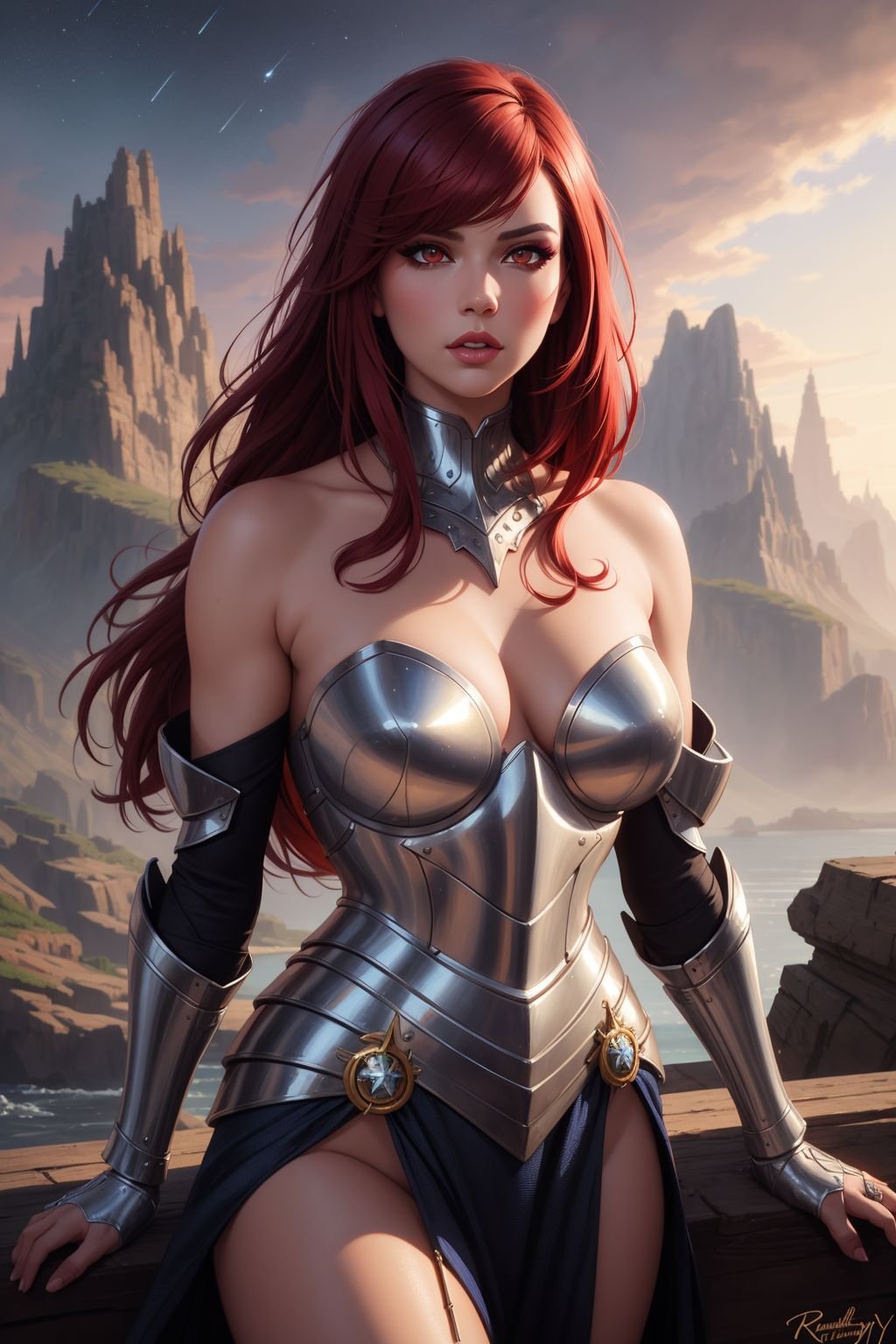 beautiful scarlet haired woman, red eyes, wearing armored strapless crimson dress with silver details, makeup, red eye shadow, detailed eyes, beautiful, long straight hair, bangs, jewelry, highly detailed, masterpiece, art by artgerm, by greg rutkowski, by ed blinkey, oil painting, vivid colors, outdoors, fantasy landscape, [starry sky : 10]