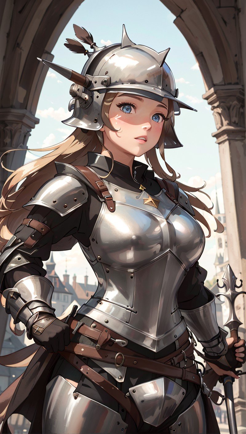 best quality,masterpiece,highly detailed,ultra-detailed,  <lora:neg9V2_last:0.7>1girl,  medieval-armor-girl, heavy armor,german knight corps,birdy helmet,holding weapon, morningstar, <lora:medieval-armor-girl_V02:1>