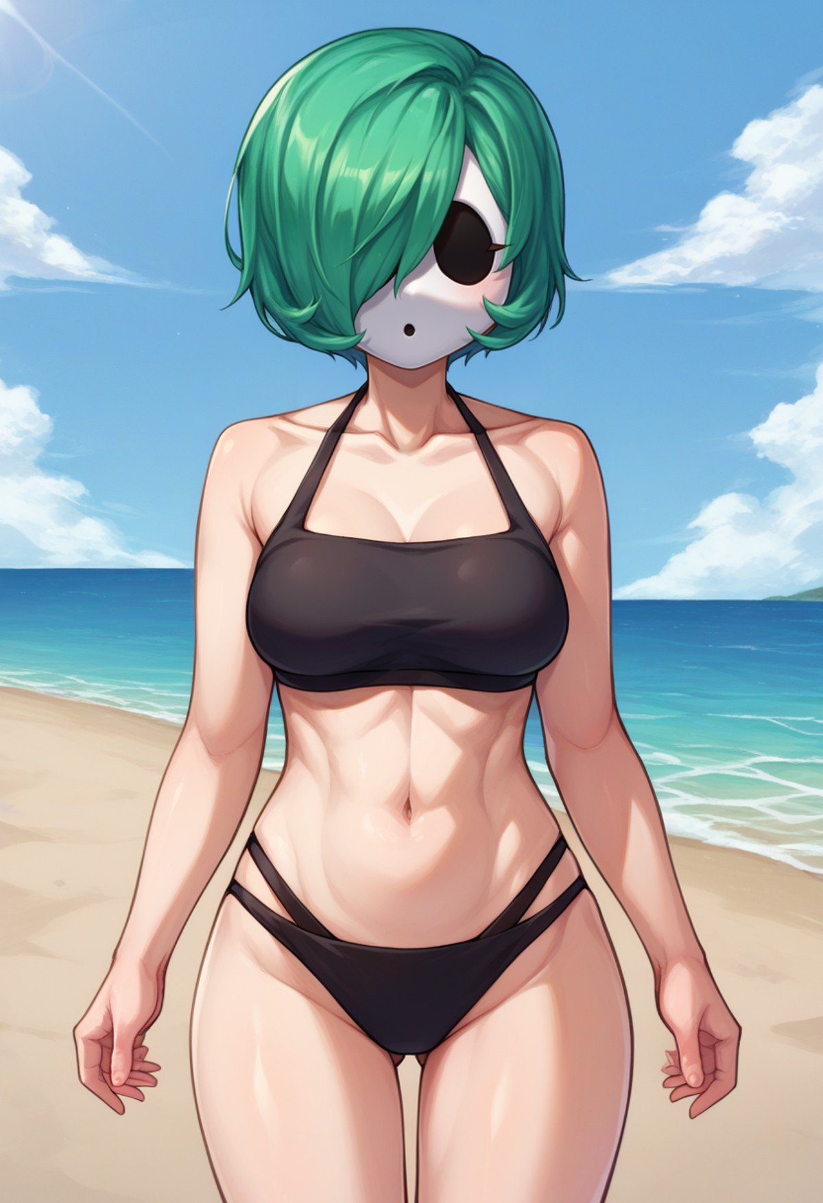 score_9,score_8_up,score_7_up BREAK <lora:shygal:1>,shygalSDXL,1girl,solo,short hair,green hair,hair over one eye,mask,cowboy shot,beach,black bikini, 