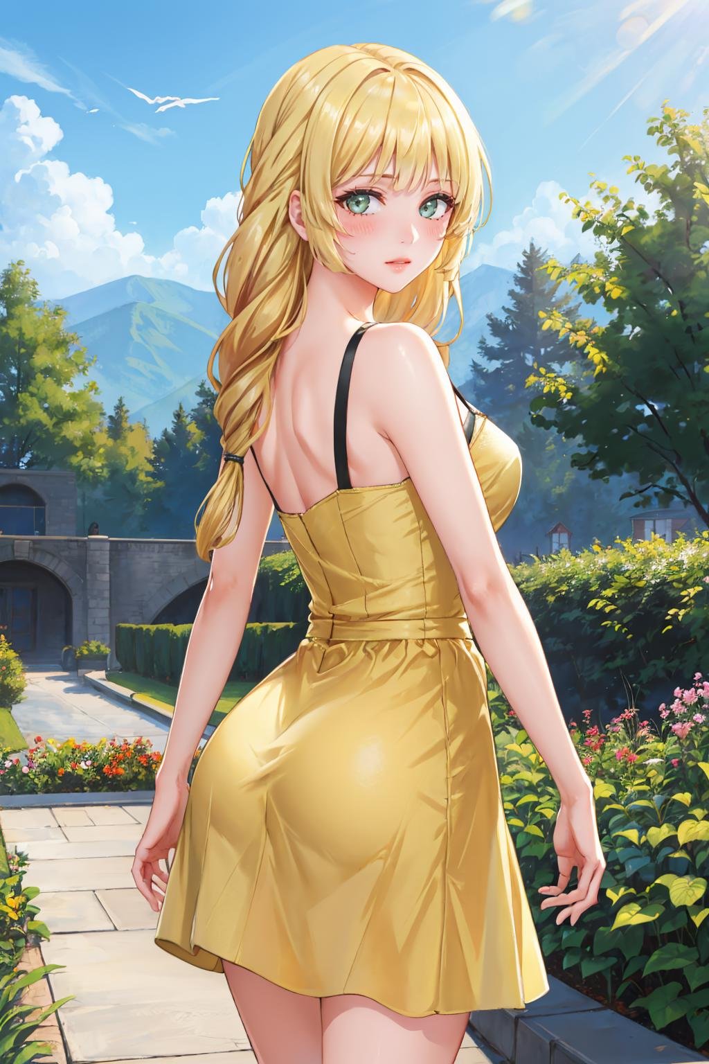 masterpiece, best quality,  <lora:ingrid-nvwls-v2-000009:0.9> defingrid, bangs, braided ponytail, (yellow sundress:1.3), from behind, garden, looking at viewer, blush