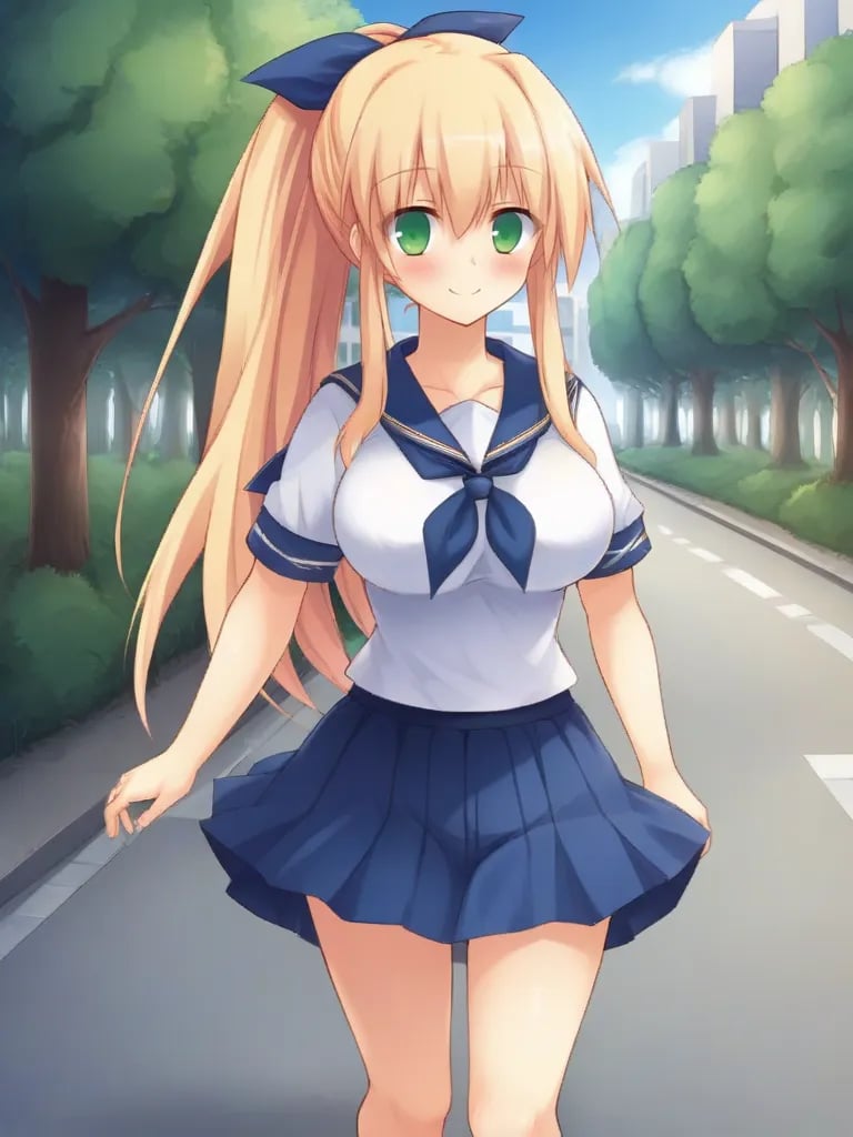 <lora:mahoshoharukapony:1>1girl, solo, obikiharuka, blonde hair, long hair, ponytail, hair ribbon, green eyes, large breasts, white shirt, short sleeves, blue serafuku, blue neckerchief, blue skirt, school uniform, walking, smile, blush, outdoors, city, trees, path