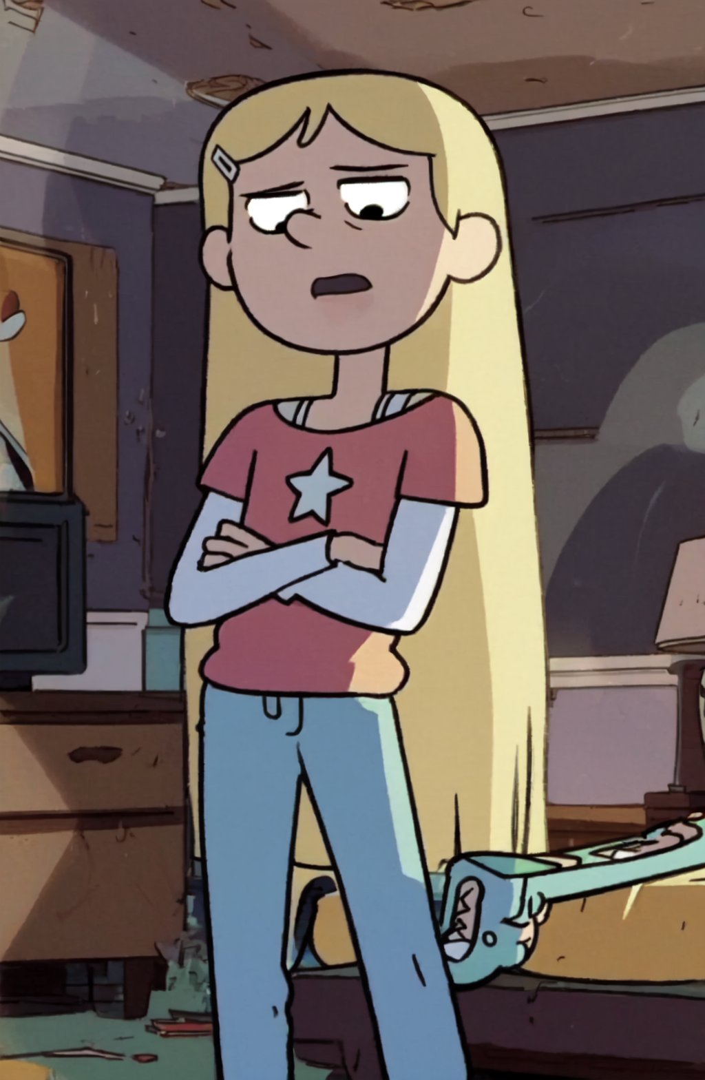 <lora:Kelly Marra (Hilda Netflix) SD1-5 V1:1> kelly marra, blonde hair, long hair, shirt, hair ornament, star print, pants, shoes, flatchest, bedroom, crossed arms, 