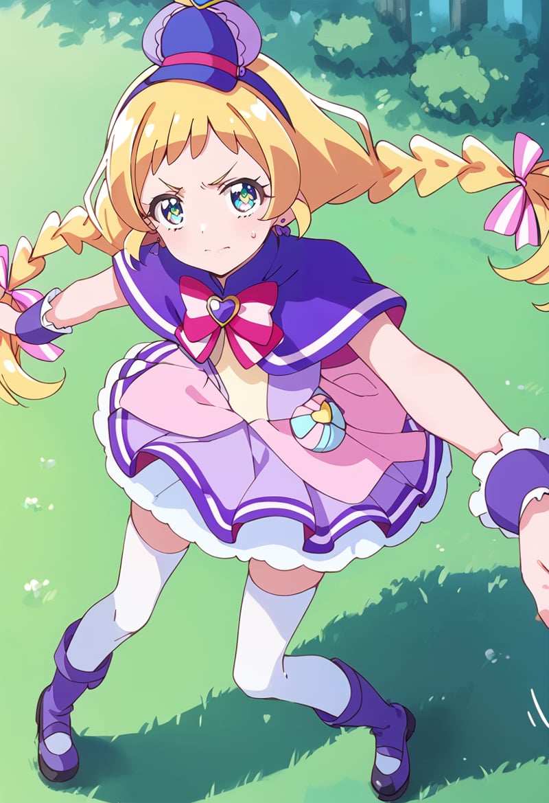 score_9, score_8_up, score_7_up, source_anime, BREAKcure friendy, 1girl, blonde hair, solo, blue eyes, long hair, witch hat, white legwear, wrist cuffs, closed mouth, striped bow, frown, twin braids, sailor hat, hair bow, running, purple headwear, bangs, twintails, looking at viewer, grass, purple footwear, mary janes, outdoors, pink bow, outstretched arms, v-shaped eyebrows, serious, sparkle, tree, multicolored eyes, purple bow, floating hair, thighhighs, top hat, multicolored clothes, sailor collar, striped neckwear, capelet, pink neckwear, eyelashes, knee boots, red neckwear, multicolored neckwear, bowtie, mini witch hat, from above, shiny hair, spread arms, aqua eyes, standing, hair ribbon, blue headwear, purple skirt, striped ribbon, sweatdrop, frills, looking up, hat bow, sleeveless, miniskirt, purple dress, tilted headwear, leg up, black hairband, day, blue bow, dutch angle, hair ornament, green eyes, anime coloring, headband, short sleeves, short hair, layered skirt, purple capelet, black headwear, purple hairband, white bow, eyebrows visible through hair, braided ponytail, earrings, dancing, multicolored bow, pouch, heart brooch, short dress, deerstalker, hat ornament, blue hairband, dress bow, dot nose, white thighhighs, full body, motion lines, flying, blush, pink dress, sparkling eyes, smile<lora:cure_friendy_inukai_iroha_sdxl_locon_pony_v1:0.7>