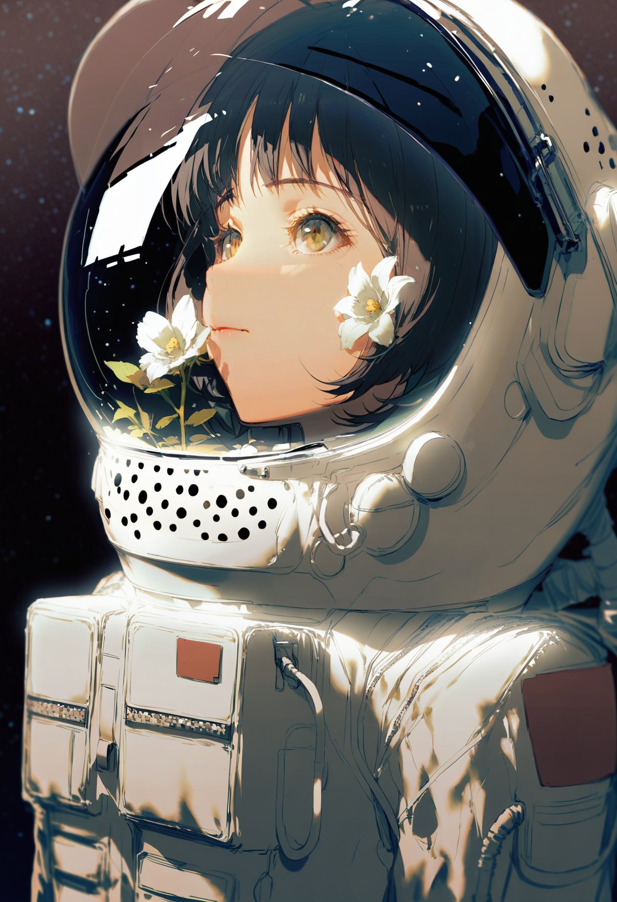 masterpiece, best quality, <lora:REDUMXLANI31lokrV53P1-000121:0.95>  1girl, astronaut, solo, space helmet, holding flower, flower, spacesuit, helmet, holding, black hair, space, short hair, closed mouth, bangs, reflection, white flower, upper body, portrait, looking up