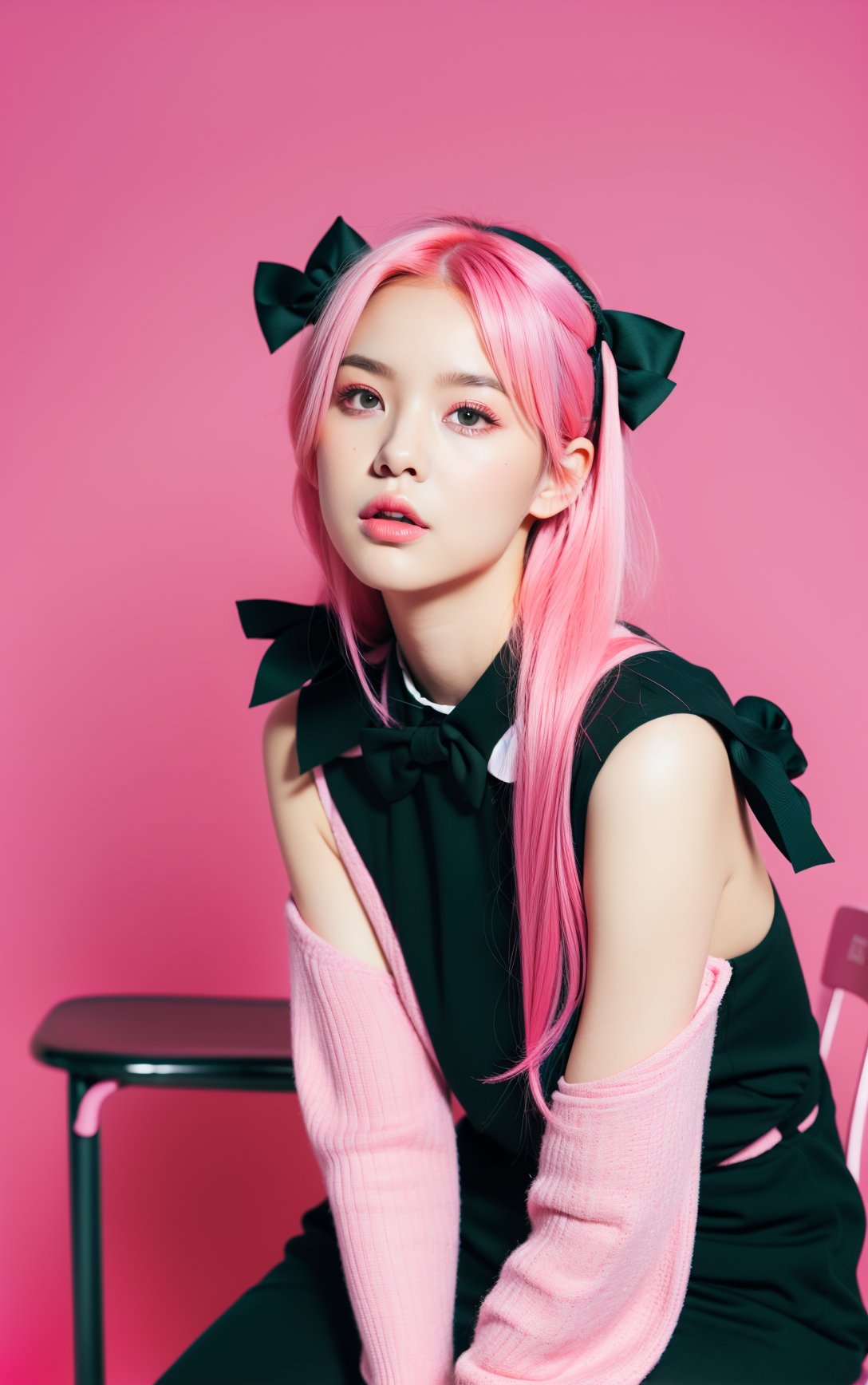 wysqh,cover art,a woman with pink hair sitting on a chair with a pink background and a black background behind her is a pink background,1girl,pink hair,sitting,bow,solo,pink bow,ahoge,