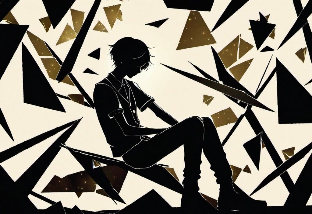 a person centrally positionedThis person appears to be seated and is wearing a jacket.They are surrounded by illuminated shards or fragments that are floating in the air, creating a dramatic effect.The lighting in the image creates high contrast, which highlights the shards and casts shadows on the person.1boy, solo, male focus, closed eyes, shirt, sitting, closed mouth, pants, vest, short sleeves, open clothes, short hair