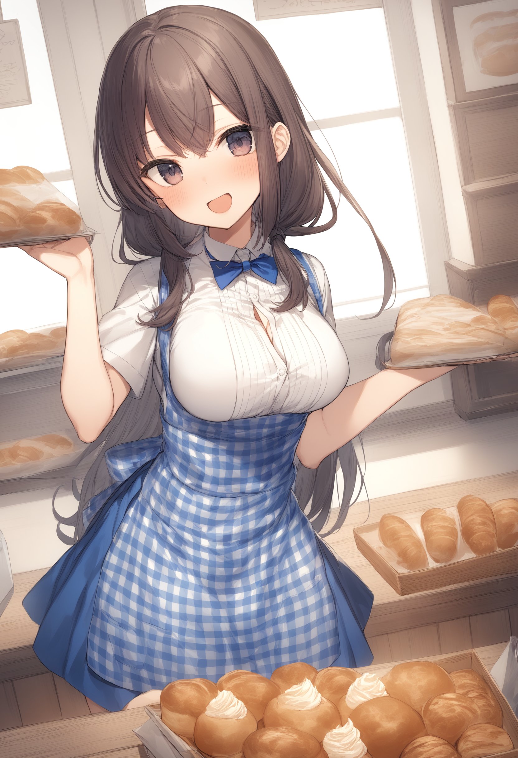 1girl, <lora:sdxl2-flat2-512b:-1>,medium breasts,<lora:kobeyaXLv1:0.8>,kobeya uniform,blue skirt, blue neckwear, gingham apron, Bakery,dutch angle, wide shot, looking away, fingersmile,  open mouth,best quality,medium quality,