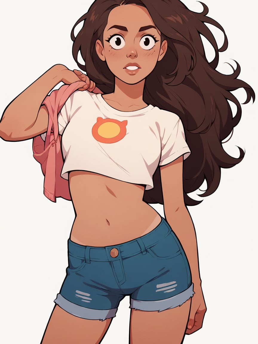 score_9, score_8_up, score_7_up, score_6_up, score_5_up,  <lora:st3v3nXLP:1> st3v3n, 1girl, long hair, brown hair, midriff, denim shorts,  tan skin