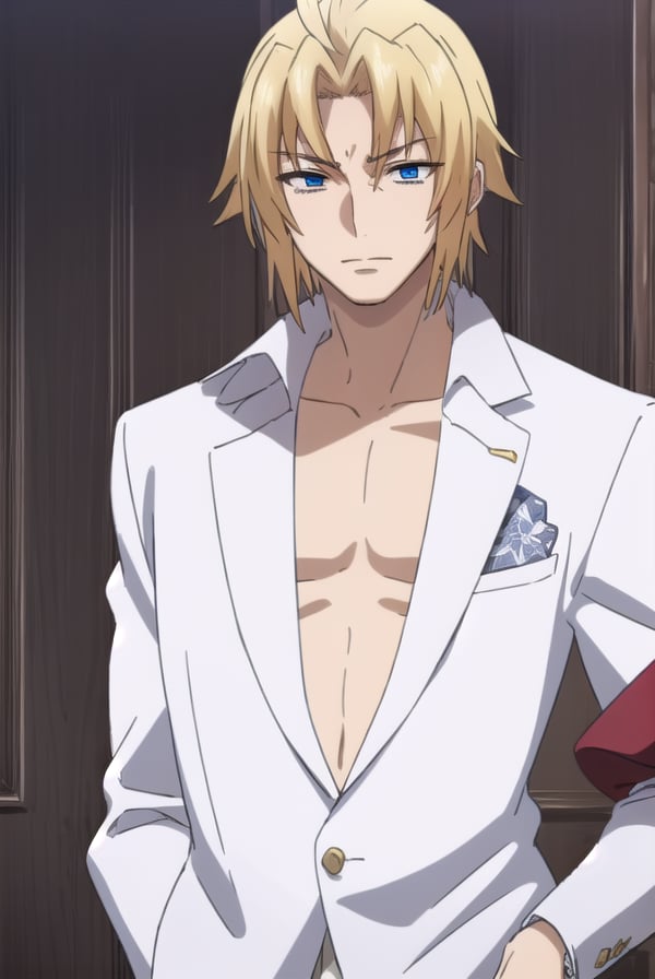 riserphenex, <lora:riser phenex s1-lora-nochekaiser:1>,riser phenex, blonde hair, closed eyes, male focus, blue eyes, (parted bangs:1.5),BREAK shirt, white shirt, collar shirt, high collar, blazer, red blazer, pants, red pants,BREAK indoors,BREAK looking at viewer, (cowboy shot:1.5),BREAK <lyco:GoodHands-beta2:1>, (masterpiece:1.2), best quality, high resolution, unity 8k wallpaper, (illustration:0.8), (beautiful detailed eyes:1.6), extremely detailed face, perfect lighting, extremely detailed CG, (perfect hands, perfect anatomy),