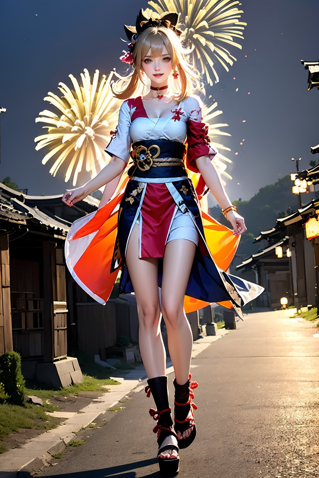 1girl, yoimiya \(genshin impact\), fireworks, solo, japanese clothes, blonde hair, sarashi, kimono, orange kimono, looking at viewer, arm tattoo, night, full body, tattoo, smile, outdoors, chest sarashi, choker, flower tattoo, hadanugi dousa, sash, red choker, gloves, obi, breasts, jewelry, fingerless gloves, shin guards, single bare shoulder, standing, sky, bandages, ponytail, hair ornament, red lips, single fingerless glove, night sky, black thighhighs, short kimono, thighhighs, building, makeup, chest tattoo, socks, earrings, bandaged leg, sandals, rope, black sash, nail polish, black gloves, thighs, bare shoulders, bracelet, medium breasts, open mouth, blue eyes, kneehighs, shimenawa, long hair, geta, red kimono, knee pads, single glove, yellow eyes, red nails, lips, architecture, collarbone, aerial fireworks, vision \(genshin impact\), black socks, bandaged arm, cleavage, leg armor, east asian architecture