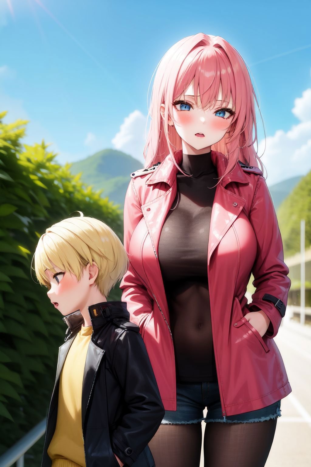 <lora:bigsislitbro_cpt_v01.10.10.02:1>, bigsislitbro, girl and boy, 1girl, long hair, blonde hair, breasts, trench coat, 1boy, shot hair, track jacket, pink hair, size difference, outdoors