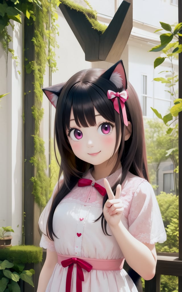 (masterpiece), (best quality), photo realistic, (extremely detailed), (1girl), solo, (pretty cute girl), looking at viewer, smile, slender, evenly sized eyes, extremely detailed eyes, upper body, outdoors, extremely detailed wallpaper, (completely detailed features), 16k, pink eyes, pink hair, cat girl, black animal ears, black tail, looking at viewer, smile, peace sign, pink kawaii room, heart item, red ribbon, pink and white dress, standing, indoors, fluffy<lora:EMS-459915-EMS:1.000000>