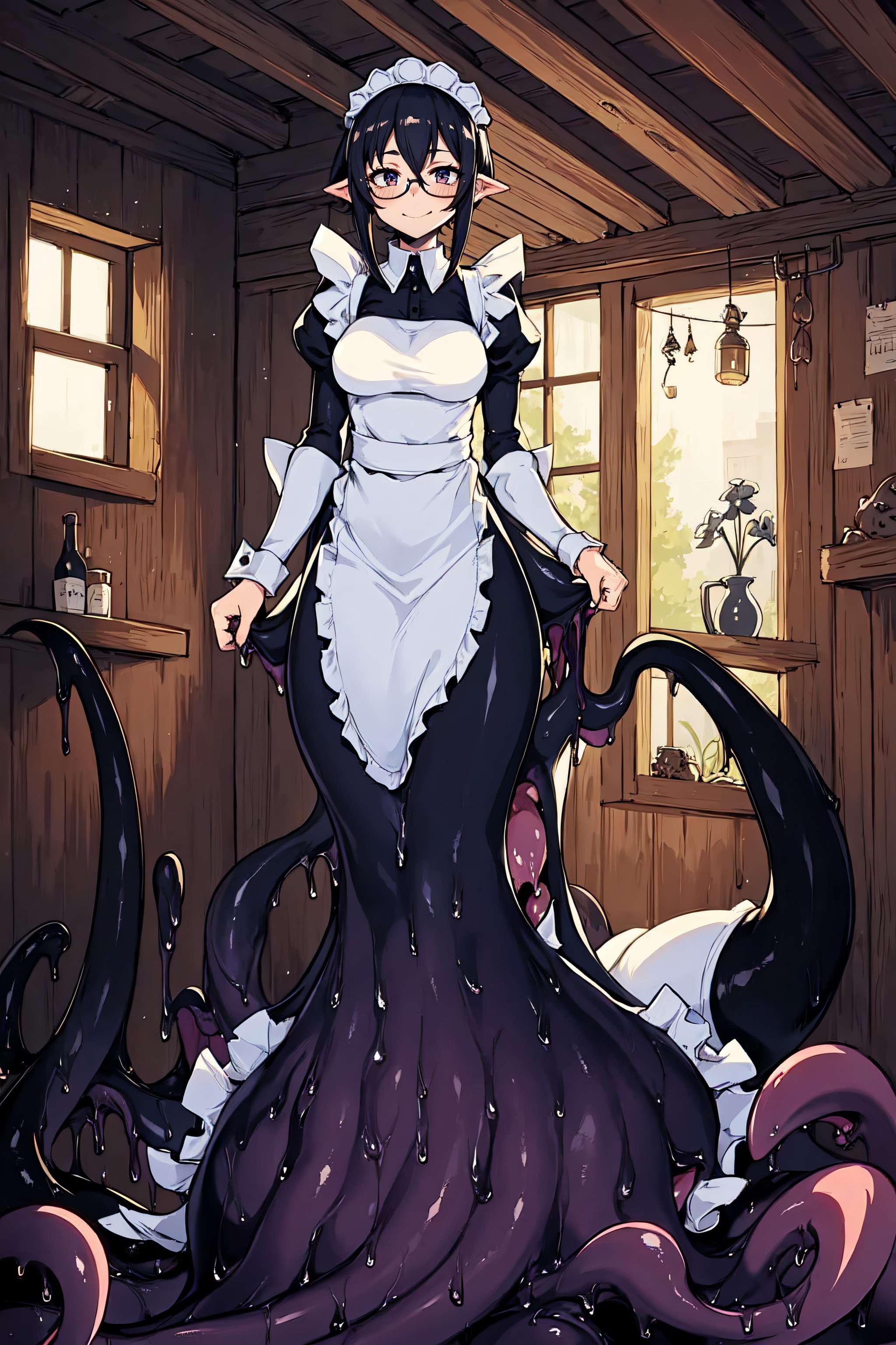 1girl, shoggoth, body horror, maid, full body, cabin background, seductive smile,