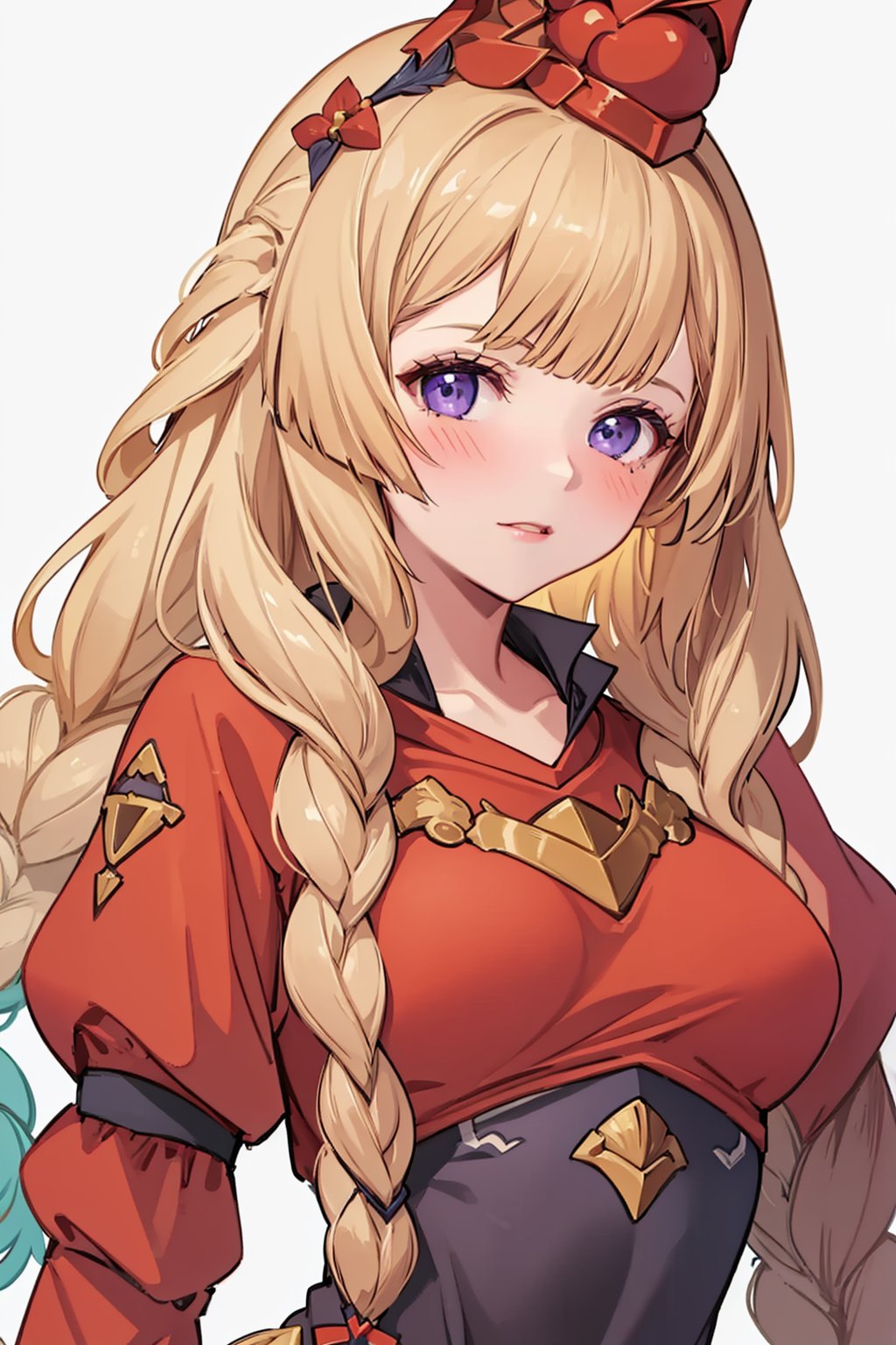 masterpiece,best quality, highly detailed, athena (granblue fantasy),1girl,solo,looking at viewer,twin braids,large breasts,blush,<lora:athena_(granblue_fantasy):1>,simple background,white background