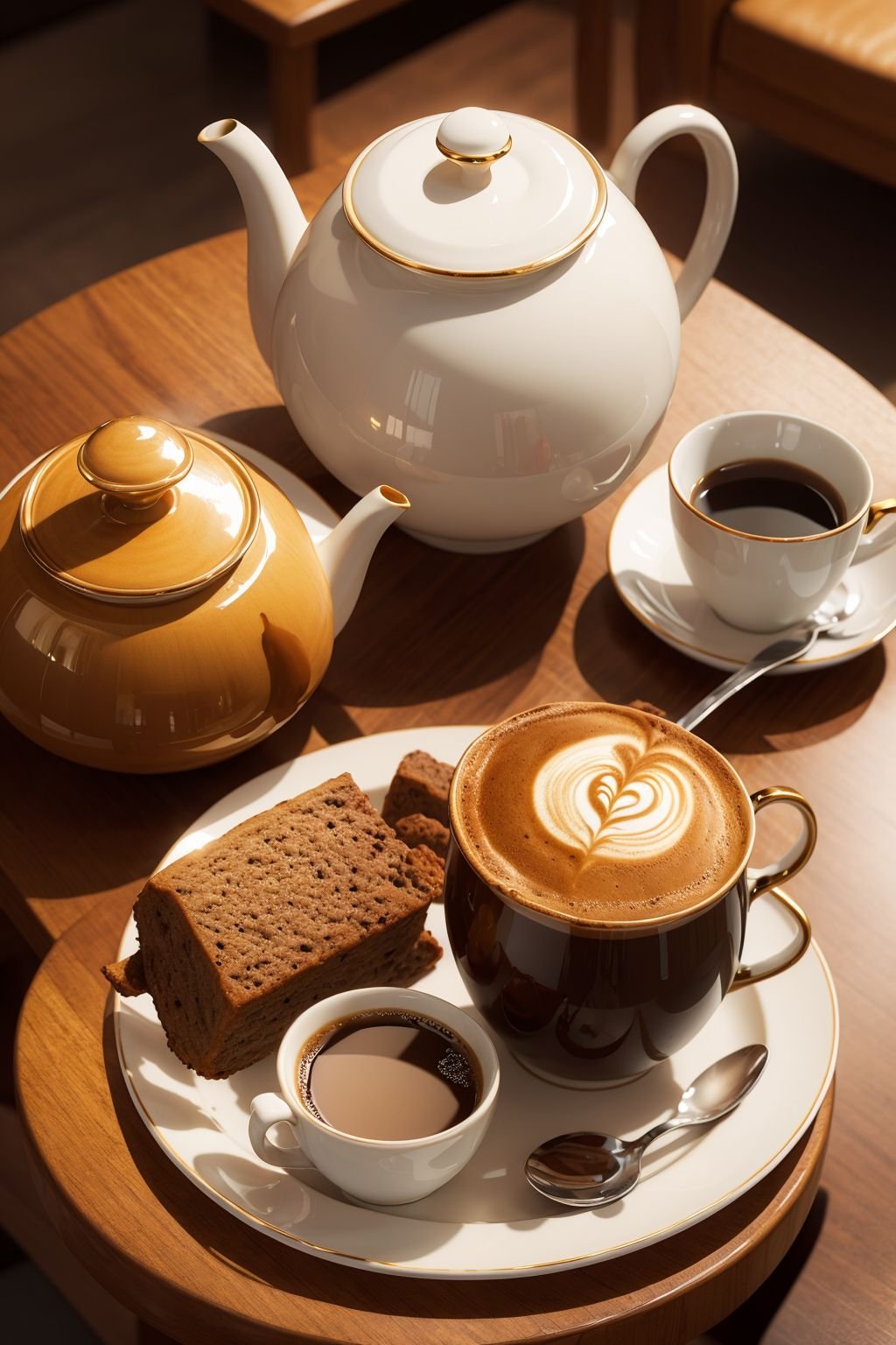 masterpiece,illustration,best quality,extremely detailed CG unity 8k wallpaper,coffee,food, cup, no humans, table, steam, plate, teacup, mug, realistic, teapot, saucer, coffee, food focus, still life,