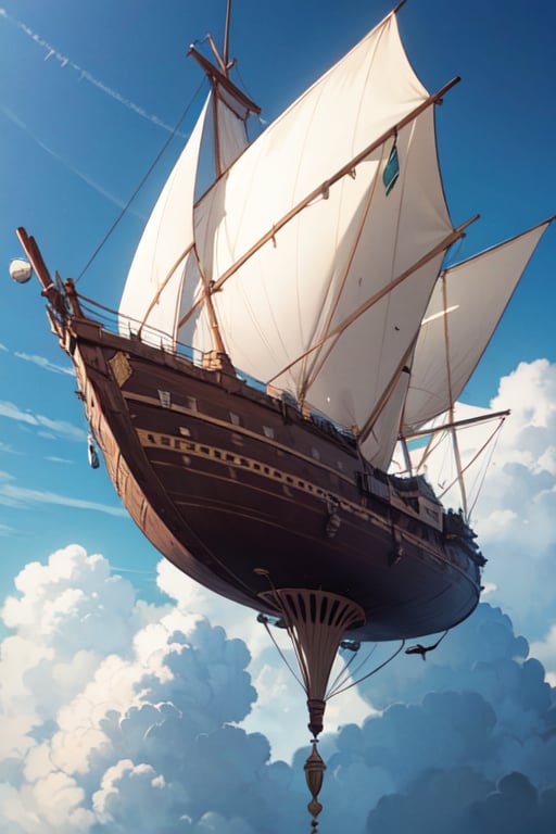 masterpiece, best quality, intricate detail, animation, futuristic floating airship on the blue sky, artistic