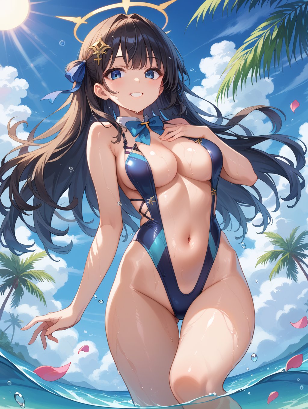 score_9, score_8_up, score_7_up,source_anime, bare arms, bare shoulders, black hair, blue eyes, blue ribbon, blue sky, bow, bowtie, breasts, cleavage, cloud, cloudy sky, cross-laced clothes, falling petals, floating, floating object, groin, hair ornament, hair ribbon, halo, hand on own chest, highleg, highleg swimsuit, linea alba, long hair, looking at viewer, morning, navel, ocean, one-piece swimsuit, page number, palm leaf, palm tree, partially submerged, petals, plant, ribbon, shiny skin, sky, slingshot swimsuit, smile, solo, sun, sunlight, swimsuit, thighs, tree, water, water drop, wet, 